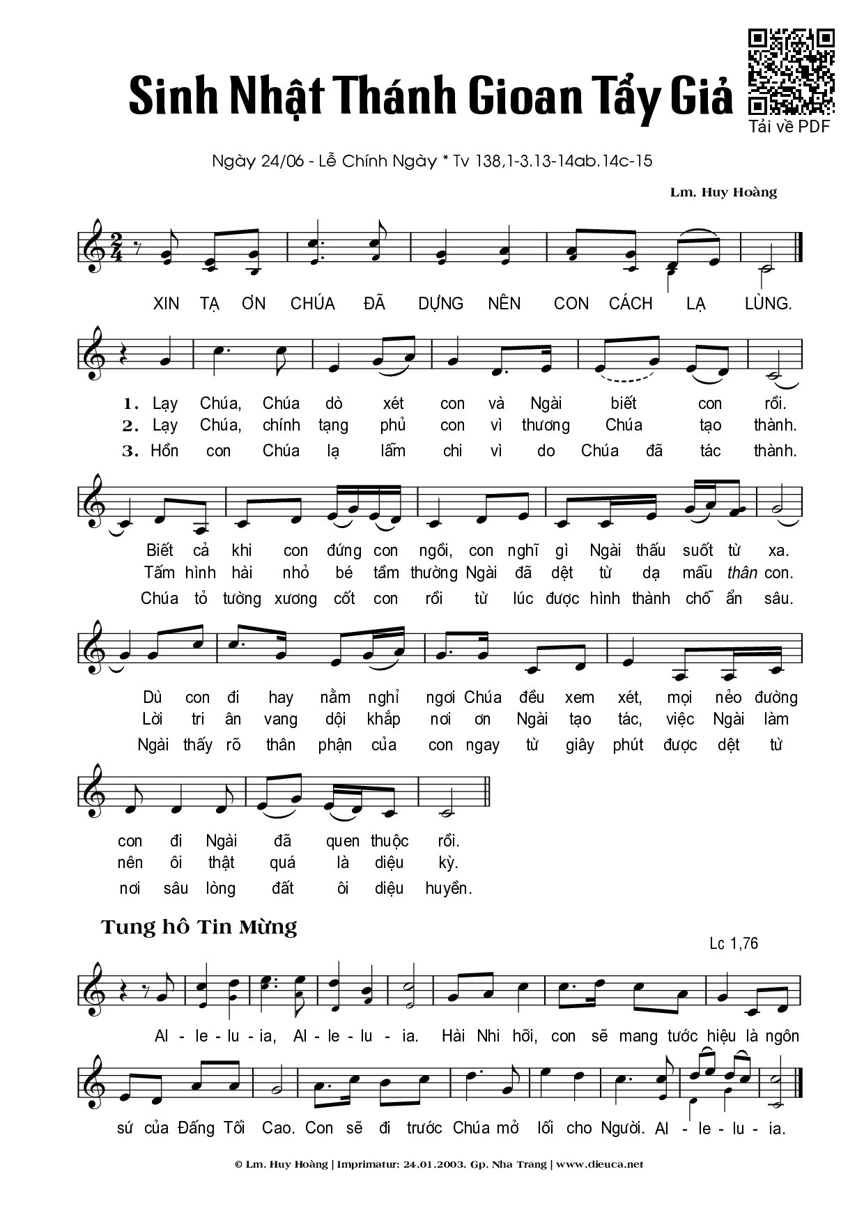 Page 1 of Sheet music PDF Lễ Thánh Gioan Tẩy Giả (24.06) - Huy Hoàng