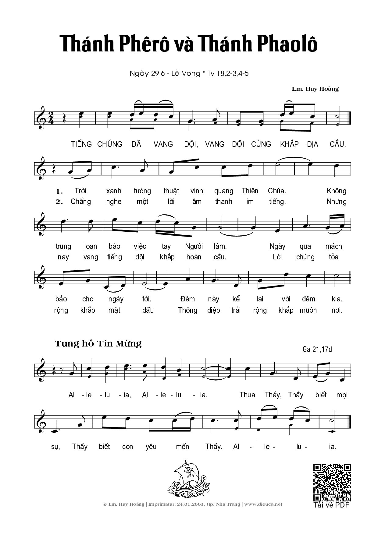 Page 1 of Sheet music PDF Vọng Thánh Phêrô và Thánh Phaolô - Huy Hoàng