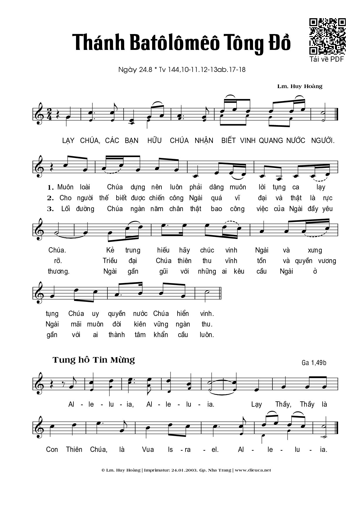 Page 1 of Sheet music PDF Thánh Batôlômêô (24.08) - Huy Hoàng