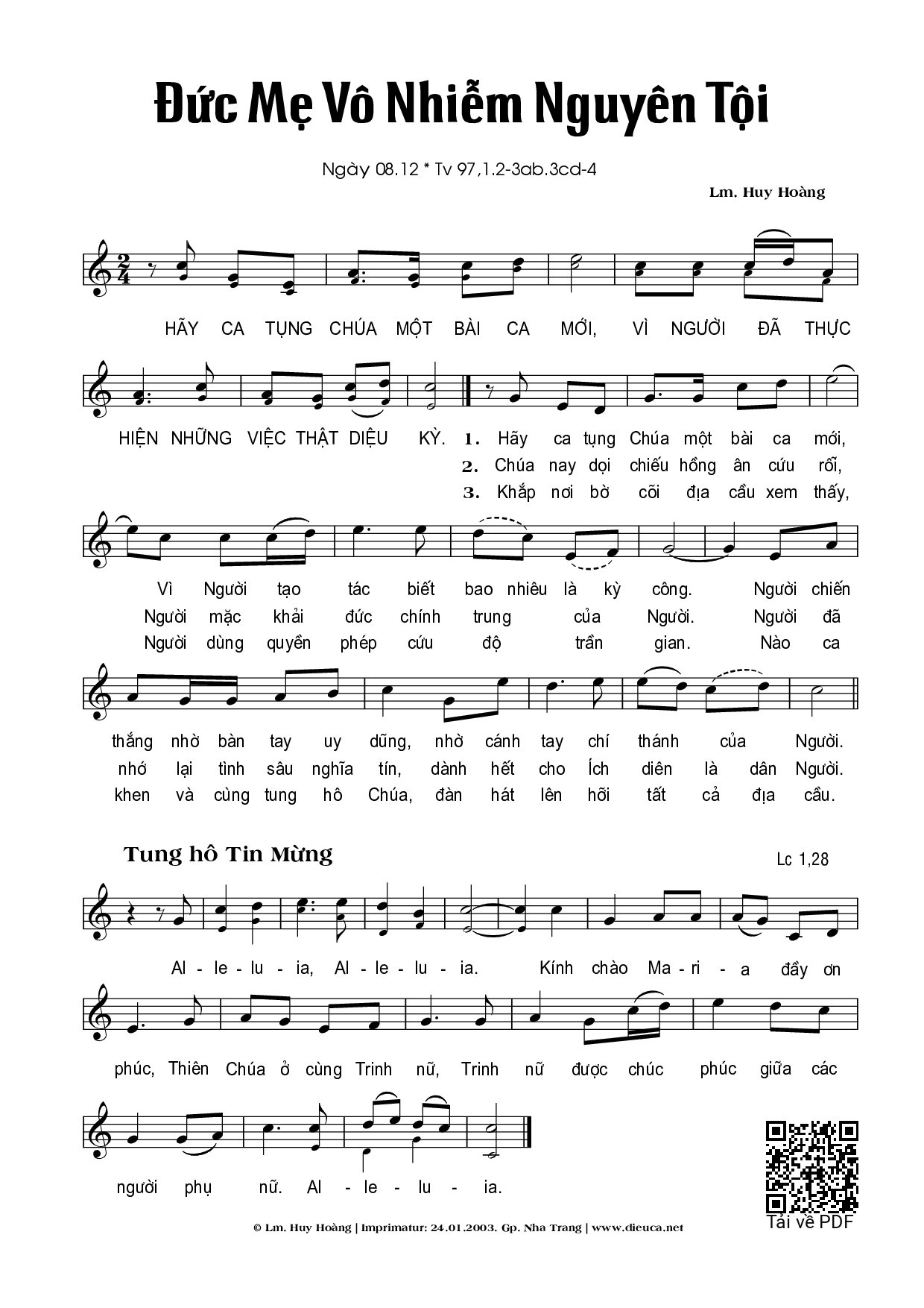 Page 1 of Sheet music PDF Mẹ Vô Nhiễm Nguyên Tội (08.12) - Huy Hoàng