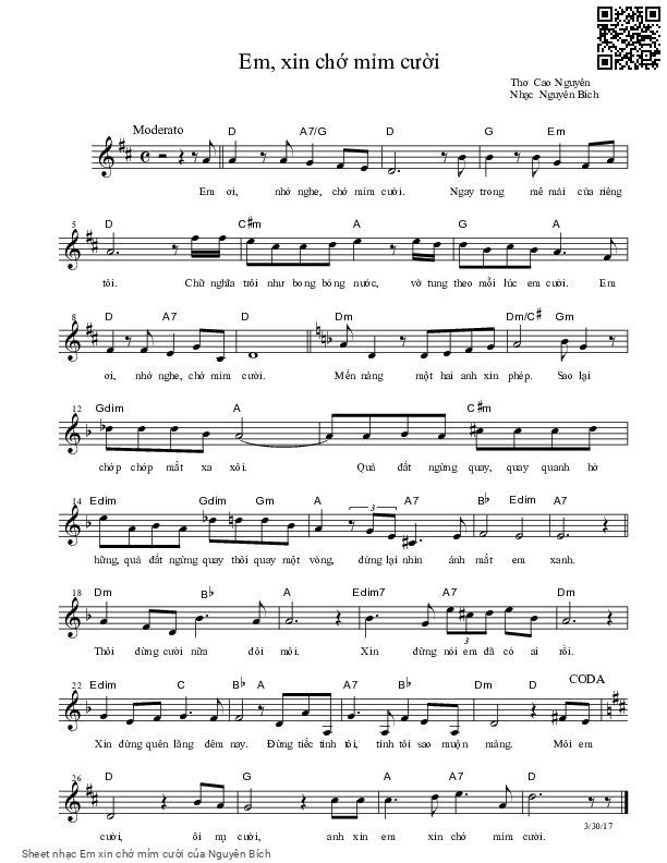 Page 1 of Sheet music PDF Em xin chớ mỉm cười - Nguyên Bích