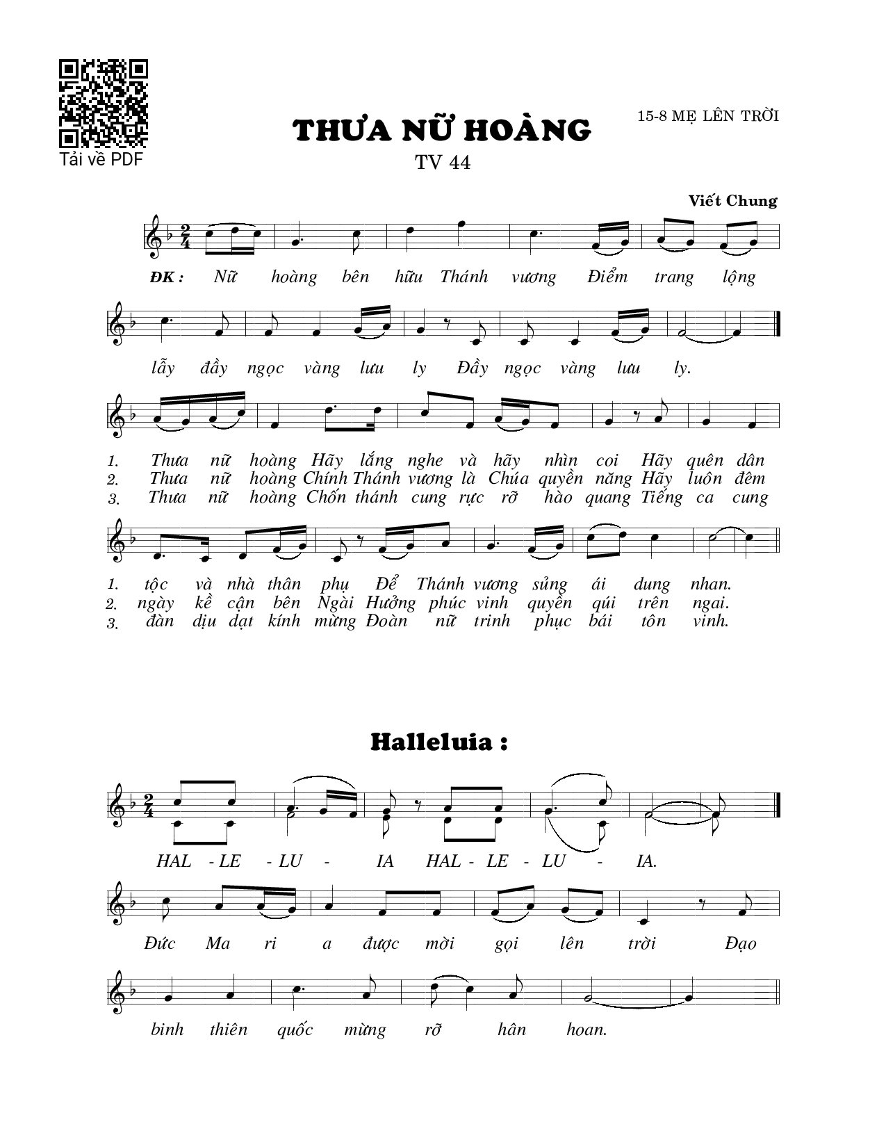 Page 1 of Sheet music PDF Thưa nữ hoàng (Thánh Vịnh 44) - Viết Chung