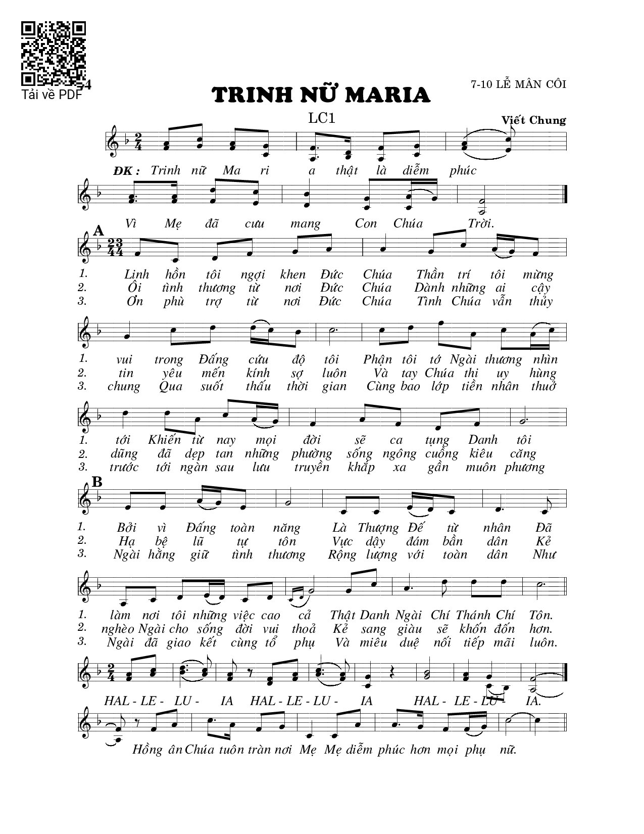Page 1 of Sheet music PDF Trinh nữ Maria (Lc. 1) - Viết Chung