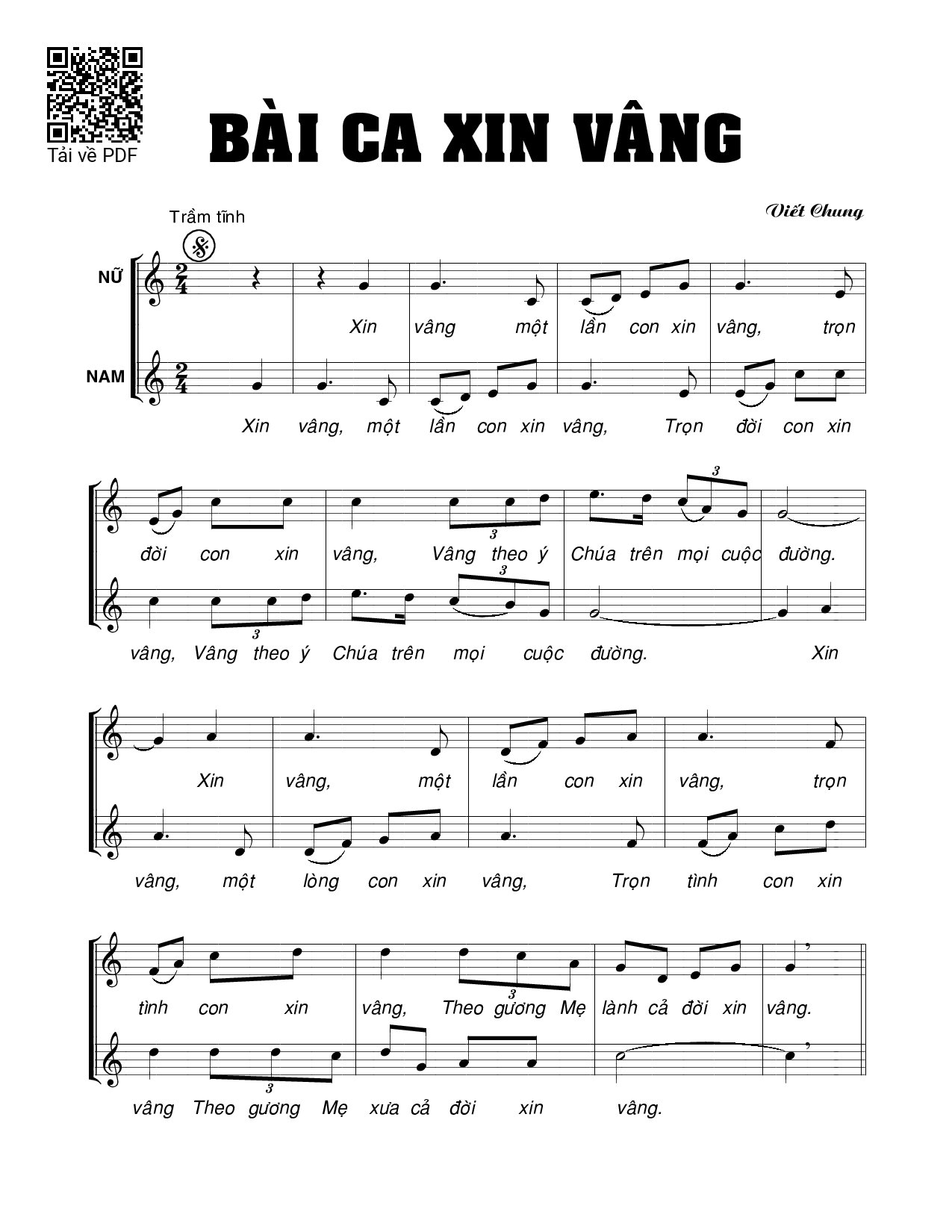 Page 1 of Sheet music PDF Bài ca xin vâng - Viết Chung