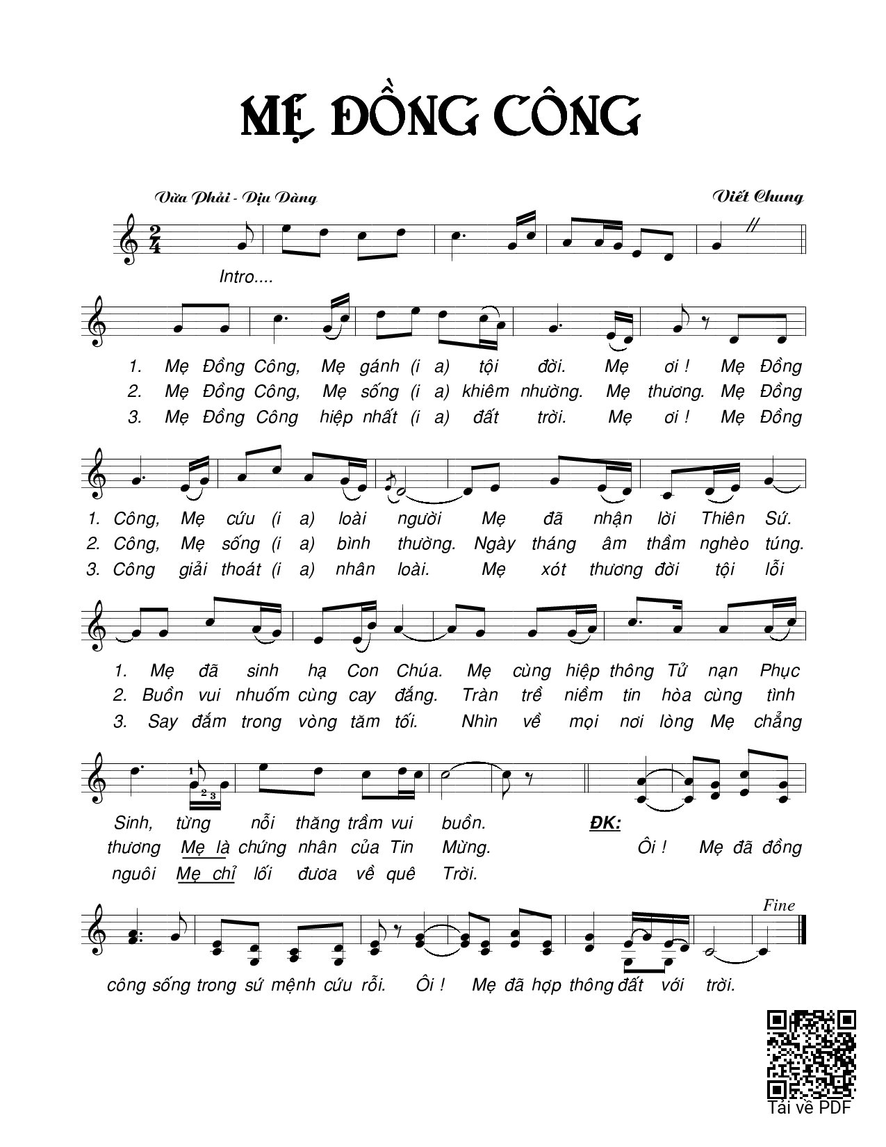 Page 1 of Sheet music PDF Mẹ Đồng Công - Viết Chung