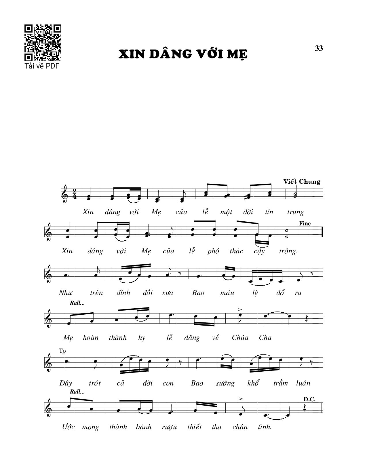 Page 1 of Sheet music PDF Xin dâng với Mẹ - Viết Chung