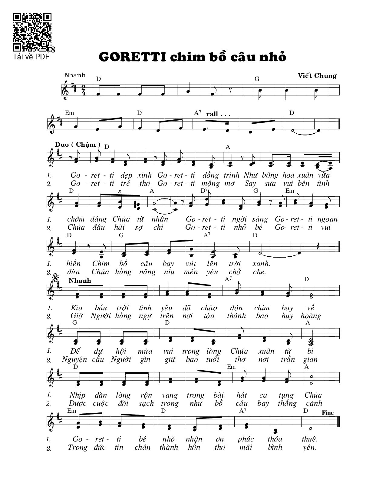 Sheet PDF of Goretti chim bồ câu nhỏ