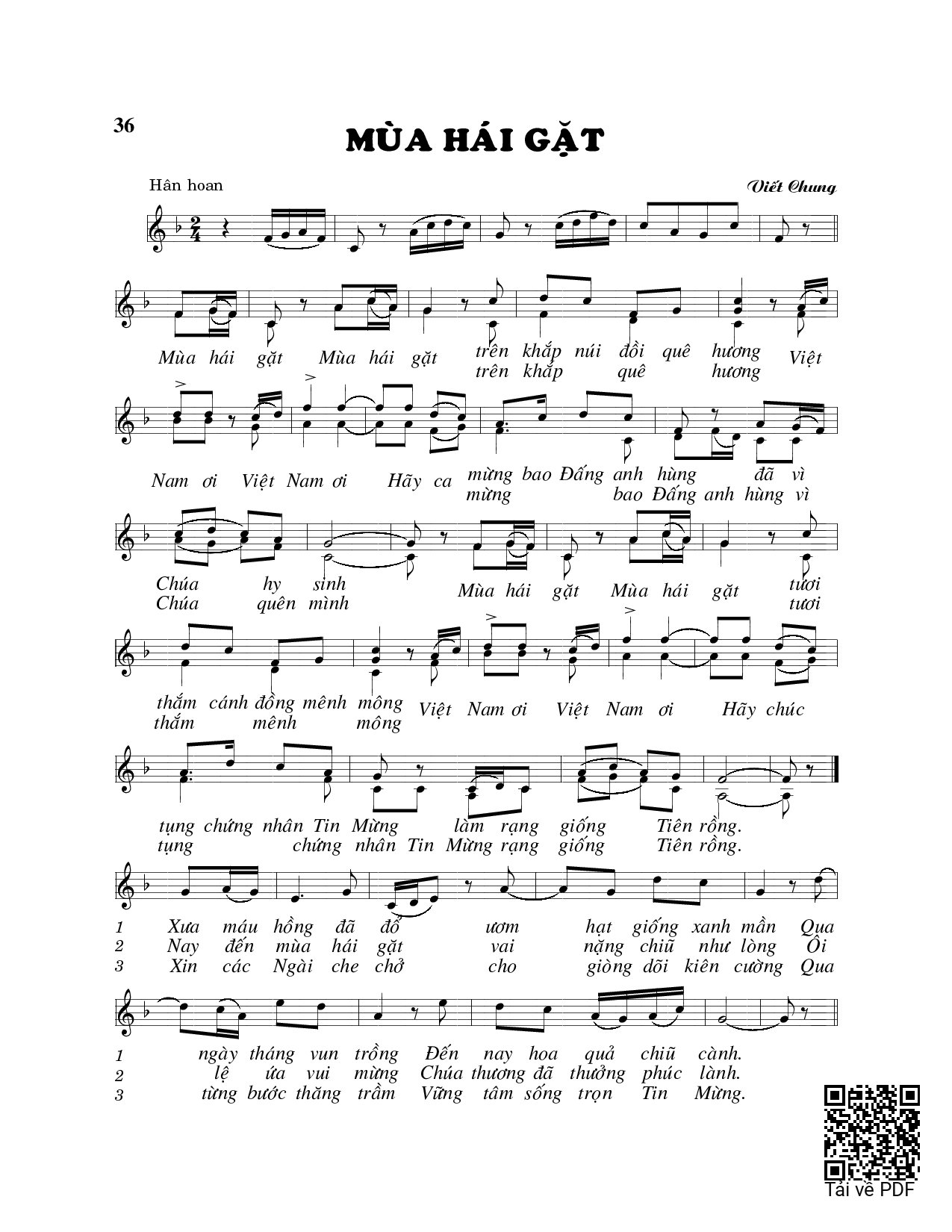 Sheet PDF of Mùa hái gặt