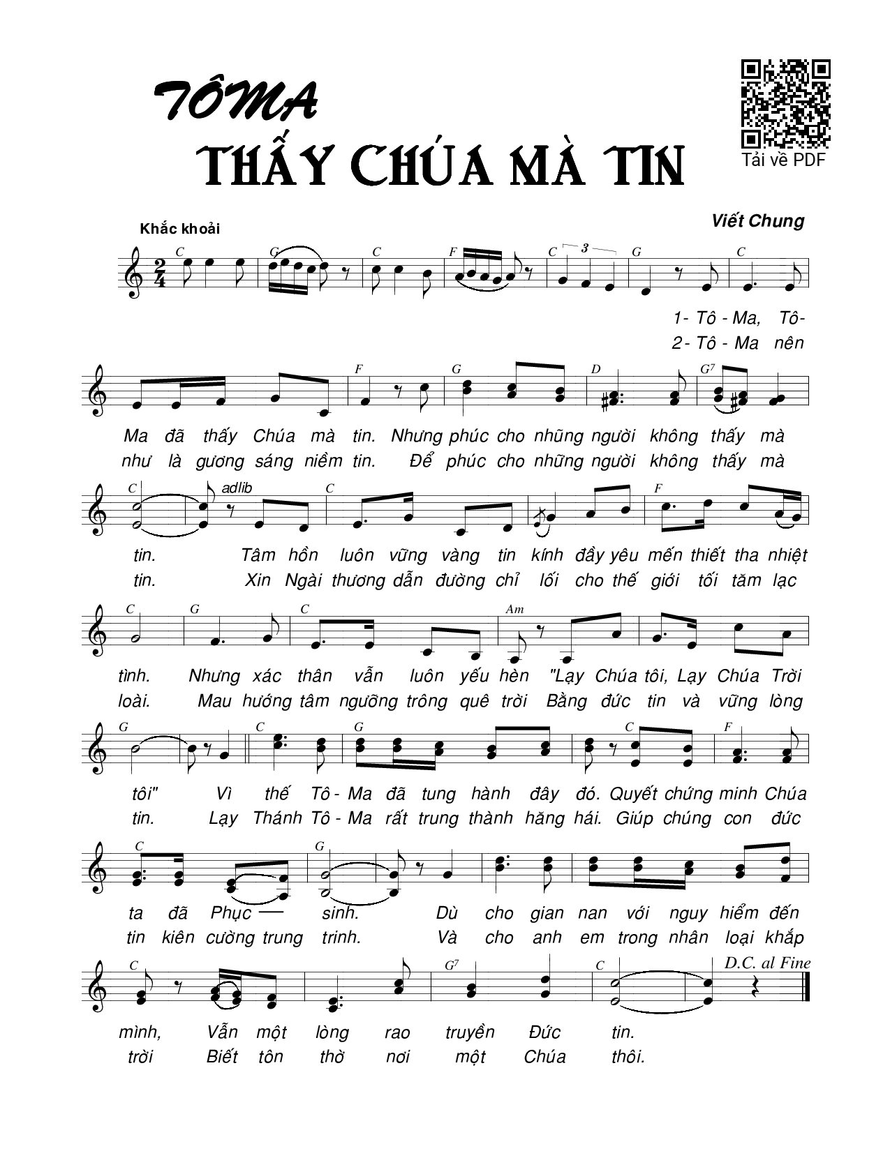 Page 1 of Sheet music PDF Tôma thấy Chúa mà tin - Viết Chung