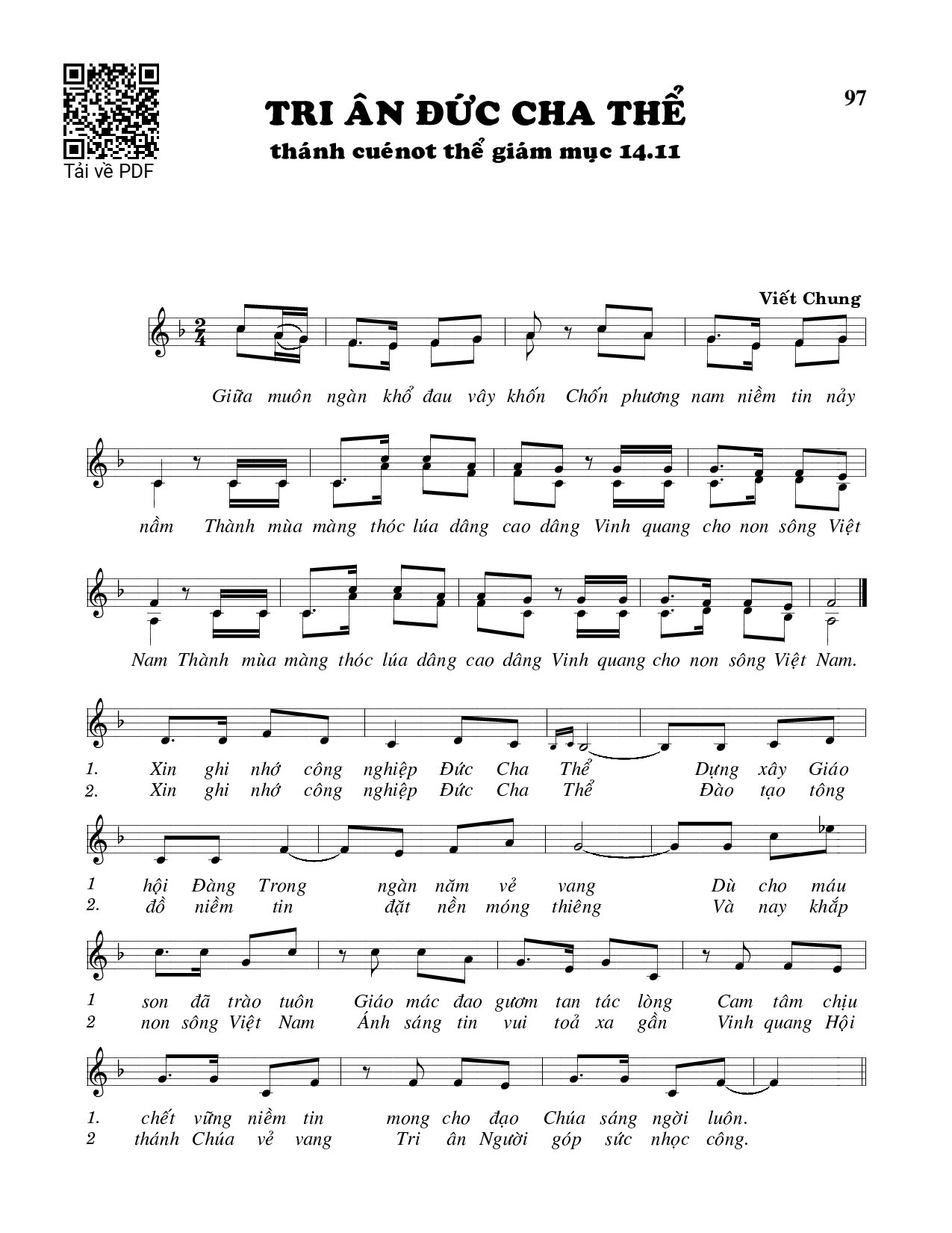 Page 1 of Sheet music PDF Tri ân Đức Cha Thể - Viết Chung