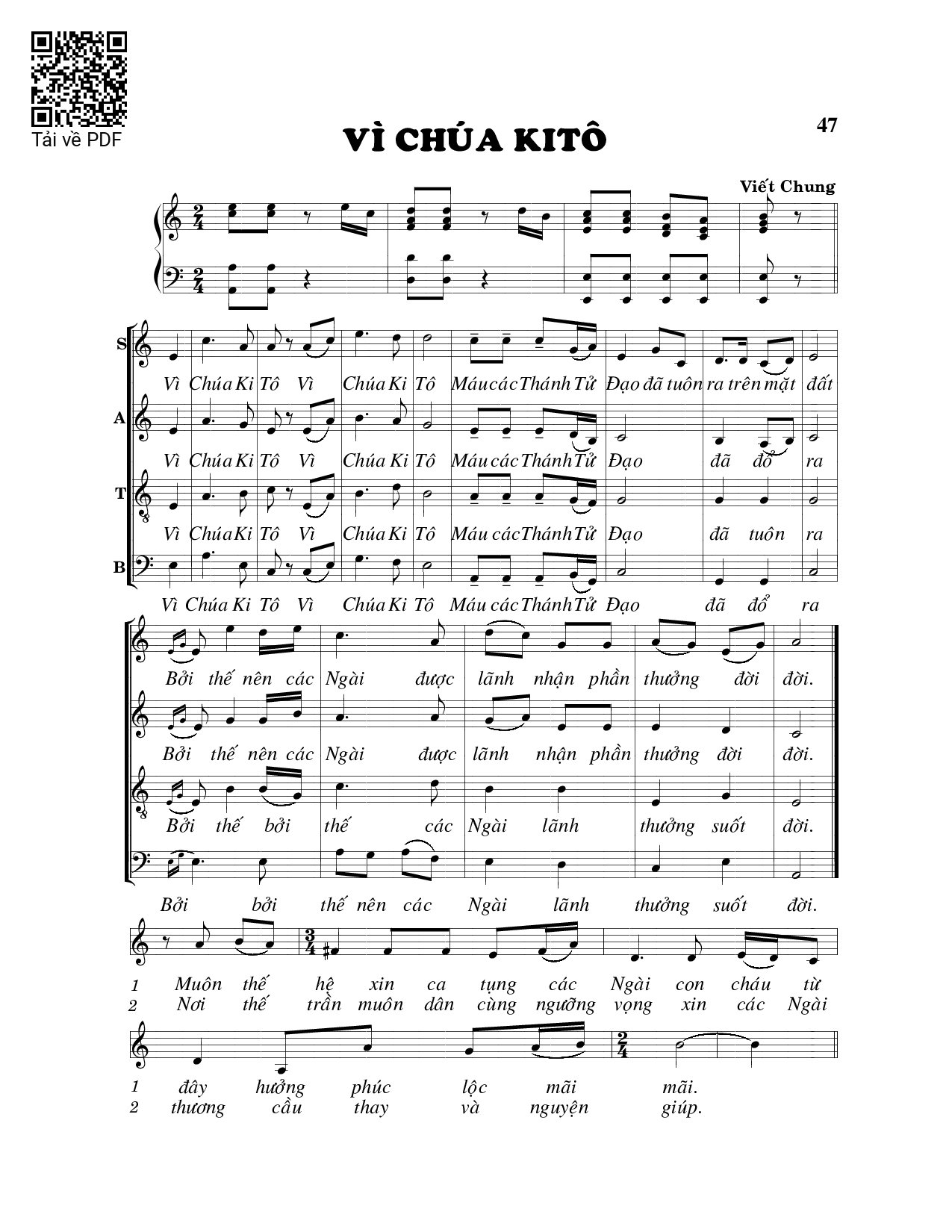Page 1 of Sheet music PDF Vì Chúa Kitô - Viết Chung
