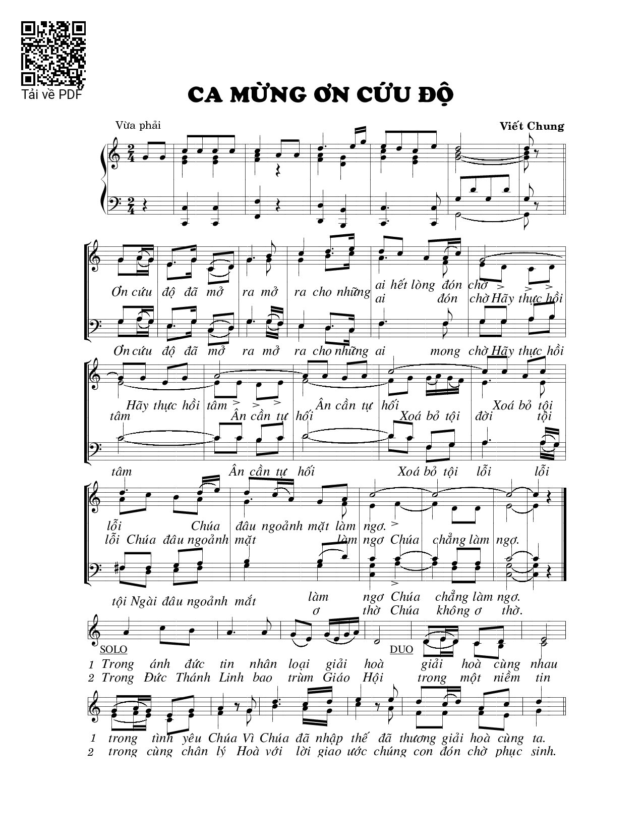 Page 1 of Sheet music PDF Ca mừng ơn cứu độ - Viết Chung