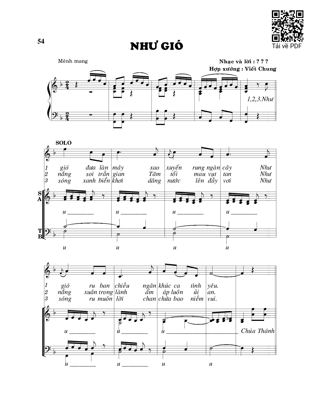 Page 1 of Sheet music PDF Như gió - Viết Chung
