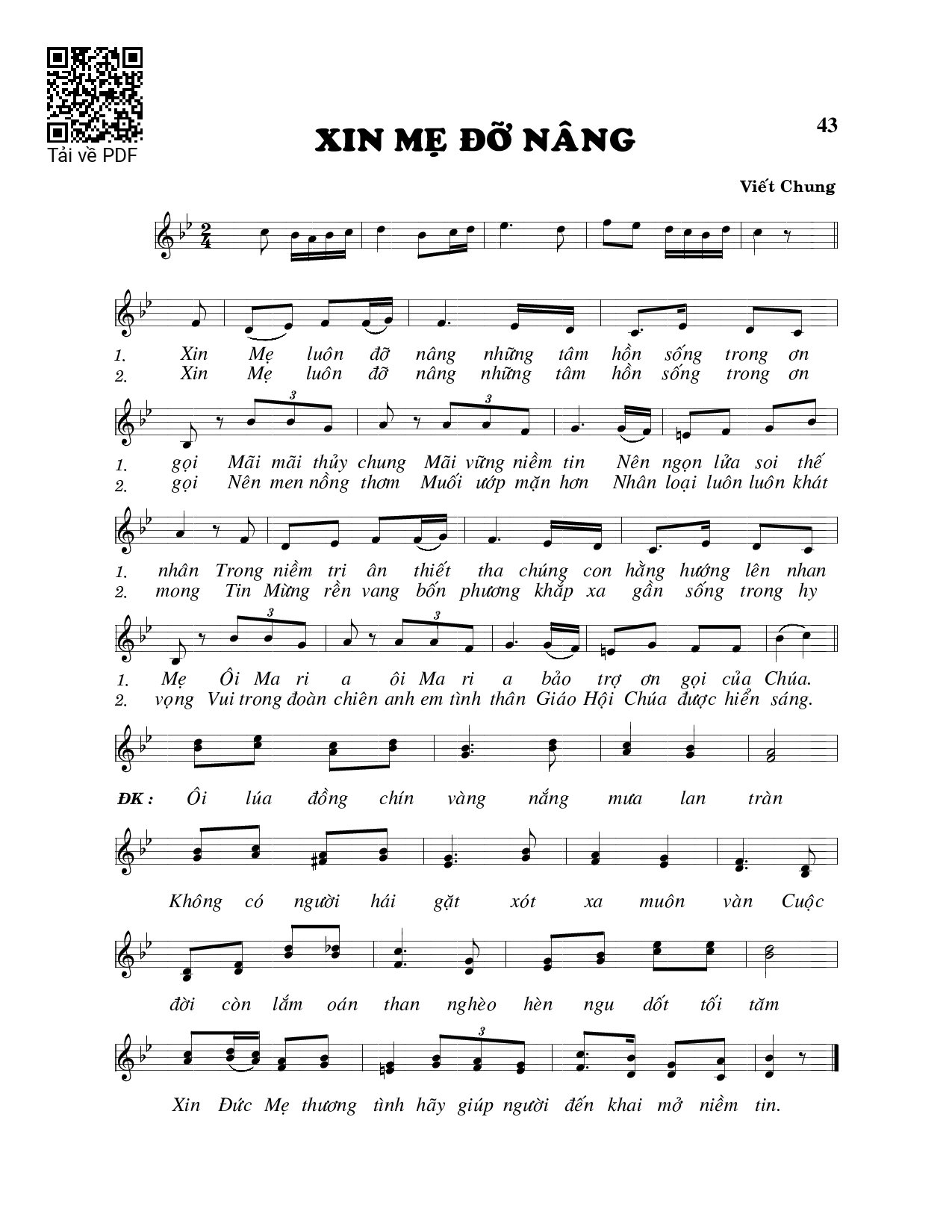 Page 1 of Sheet music PDF Xin Mẹ đỡ nâng - Viết Chung