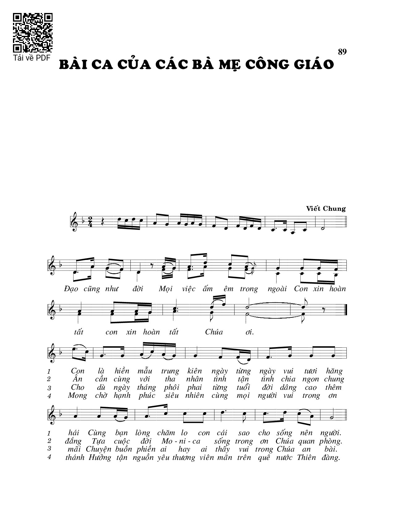 Page 1 of Sheet music PDF Bài ca các bà mẹ Công giáo - Viết Chung
