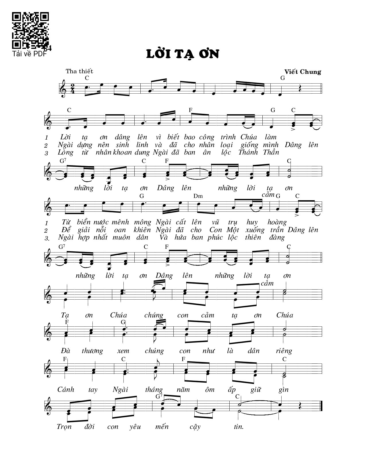 Sheet PDF of Lời tạ ơn