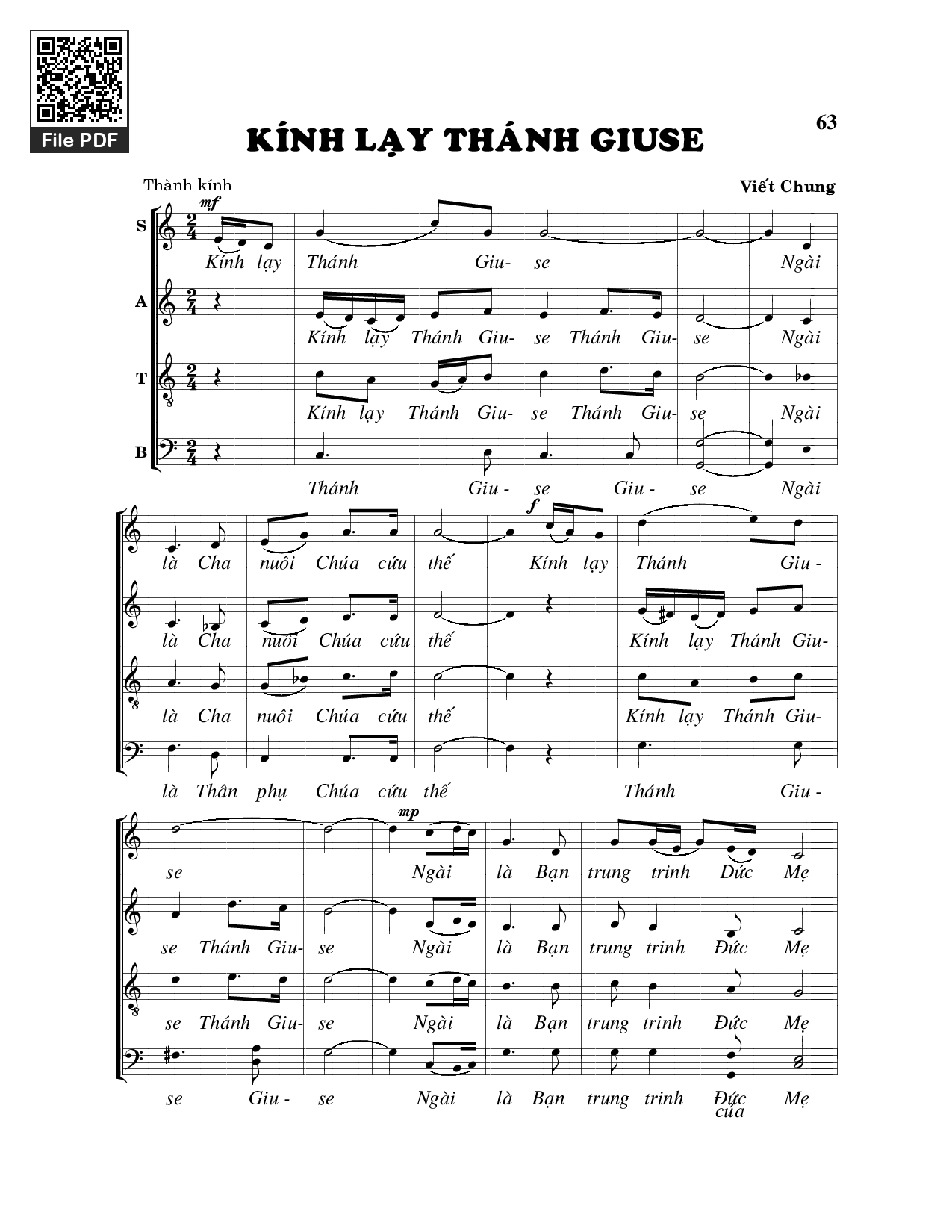 Page 1 of Sheet music PDF Kính lạy thánh Giuse - Viết Chung