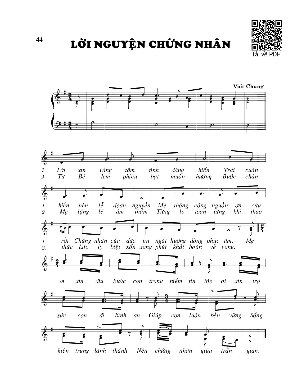 Page 1 of Sheet music PDF Lời nguyện chứng nhân - Viết Chung