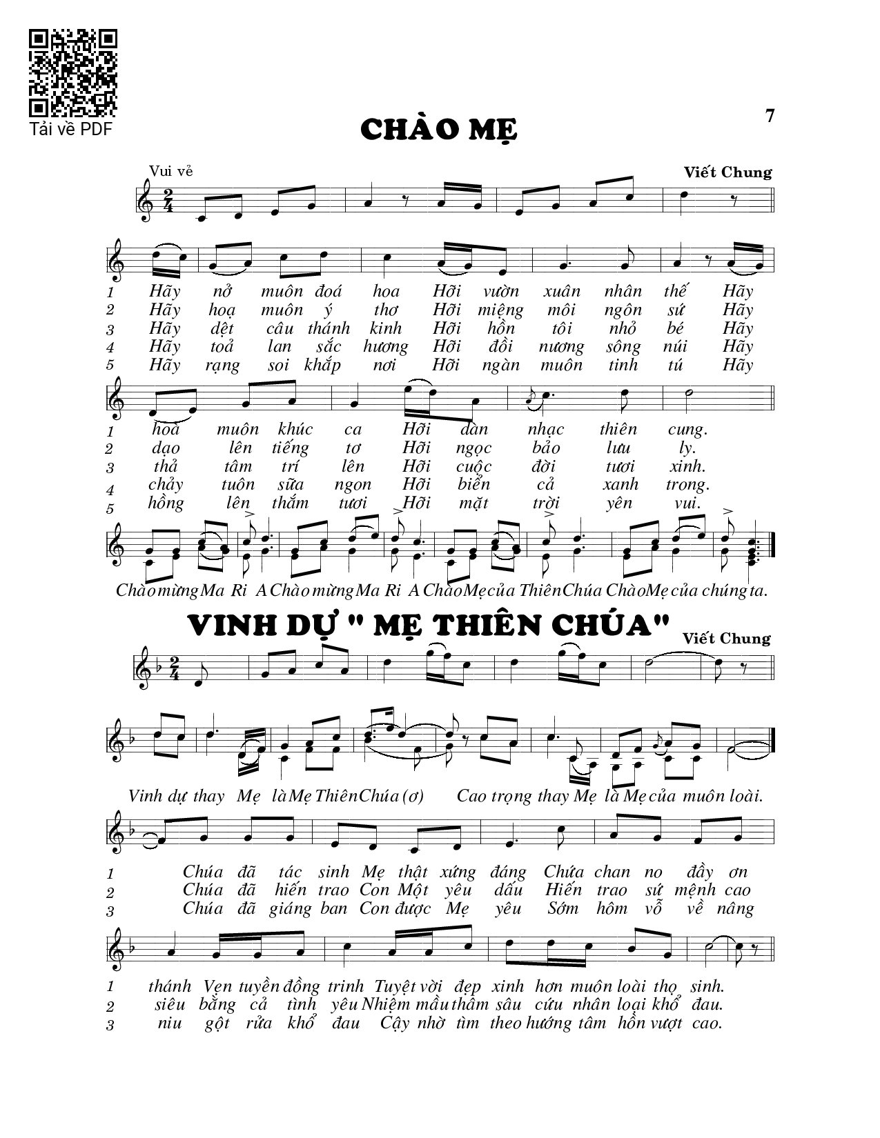 Page 1 of Sheet music PDF Vinh dự Mẹ Thiên Chúa - Viết Chung