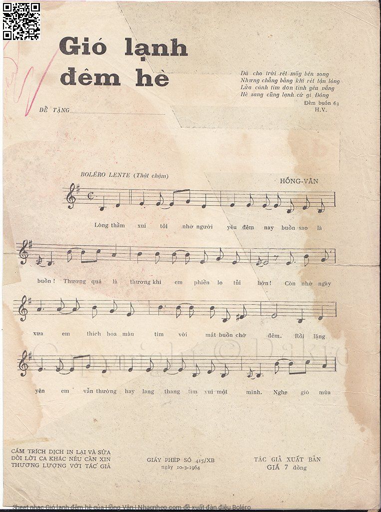 Page 2 of Sheet music PDF Gió lạnh đêm hè - Hồng Vân