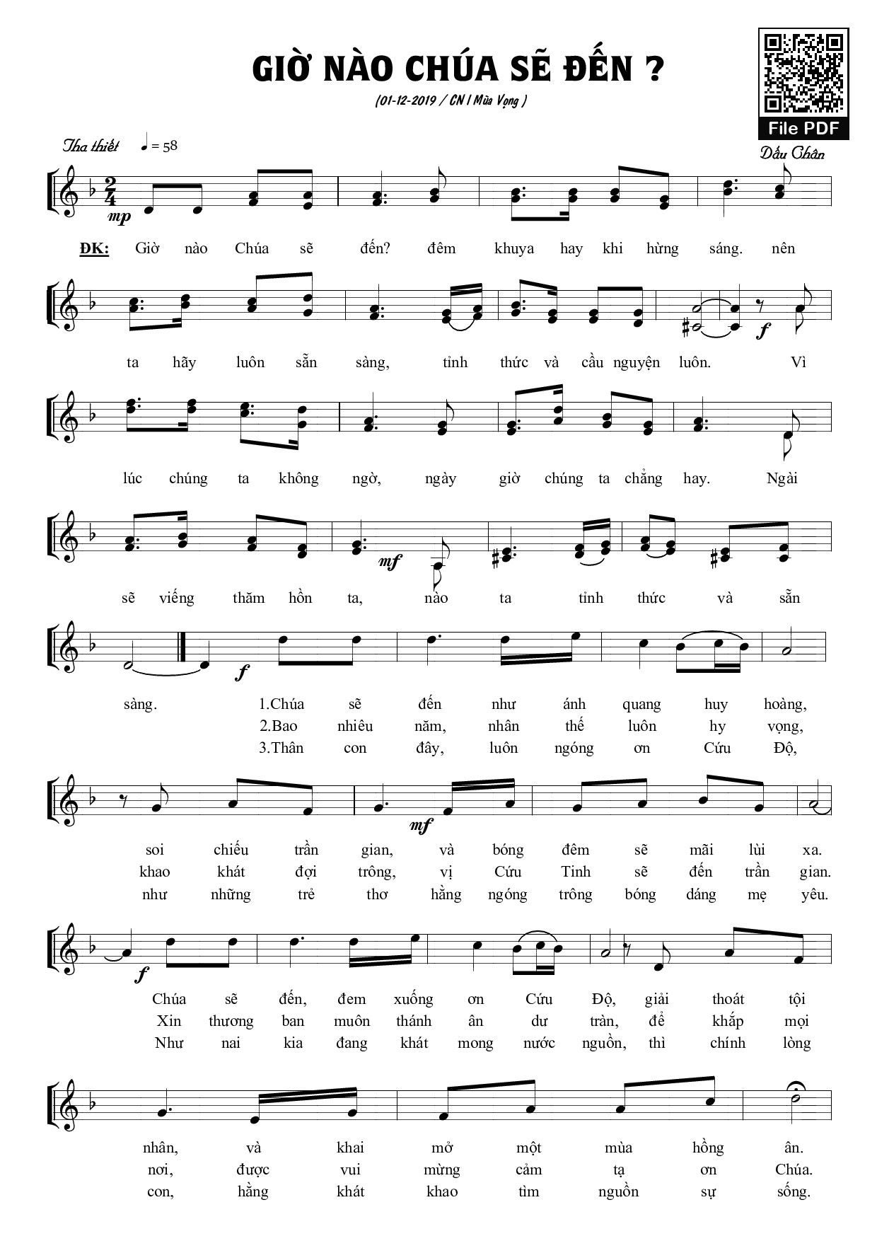 Page 1 of Sheet music PDF Giờ nào Chúa sẽ đến?&nbsp; - Dấu Chân