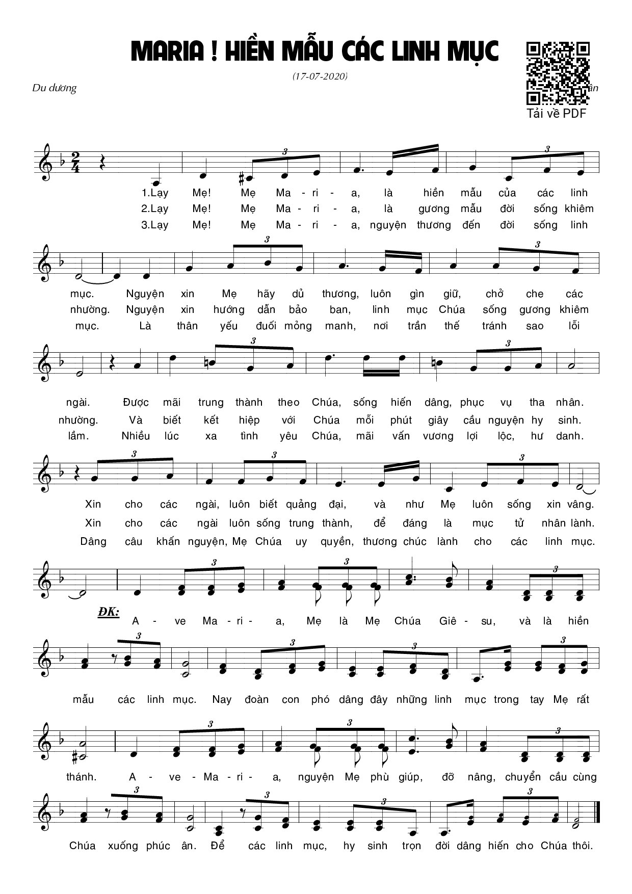 Sheet PDF of Maria! Hiền mẫu các Linh mục