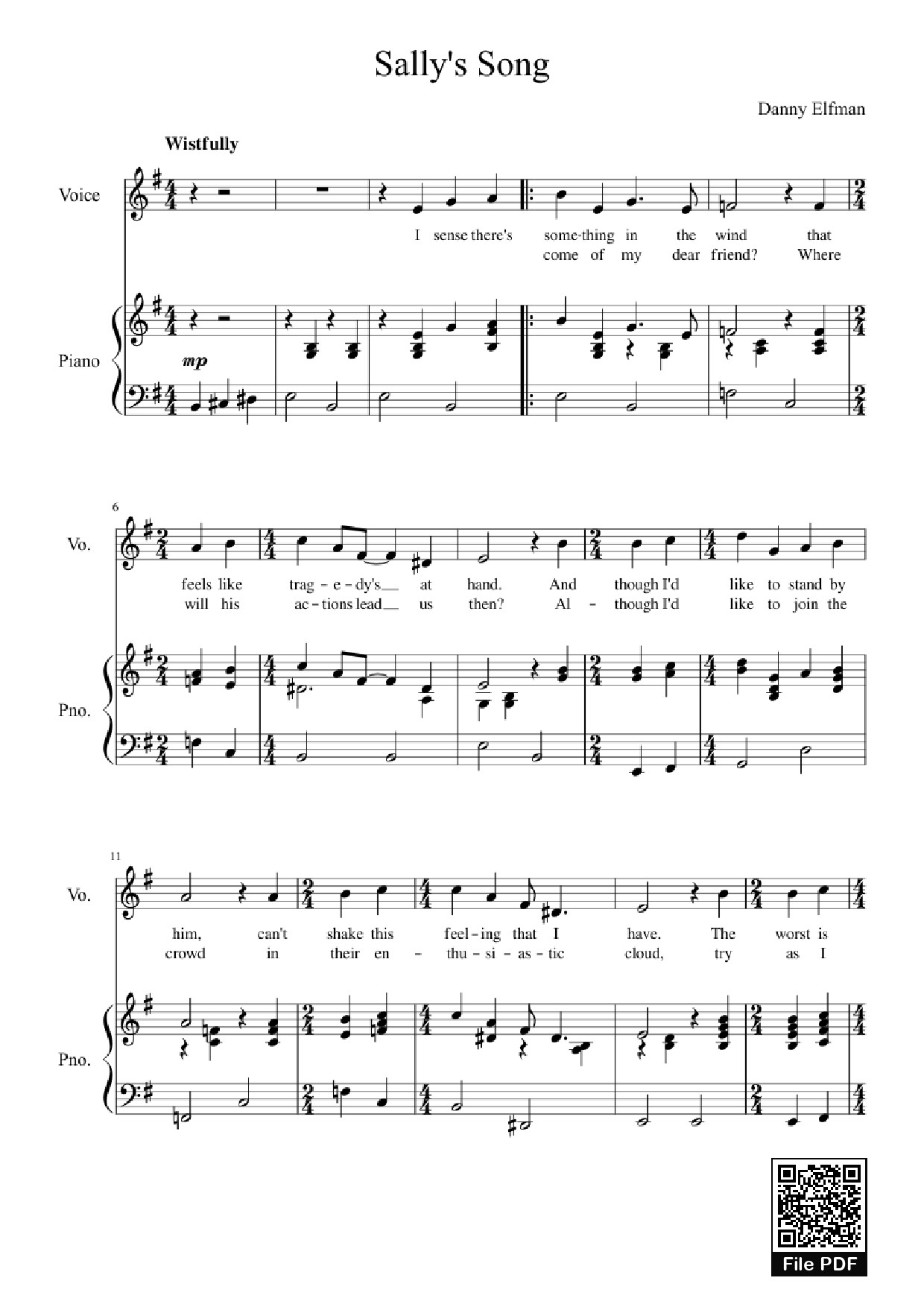 Sheet PDF of Sally's Song, The Nightmare Before Christmas Sheet Piano