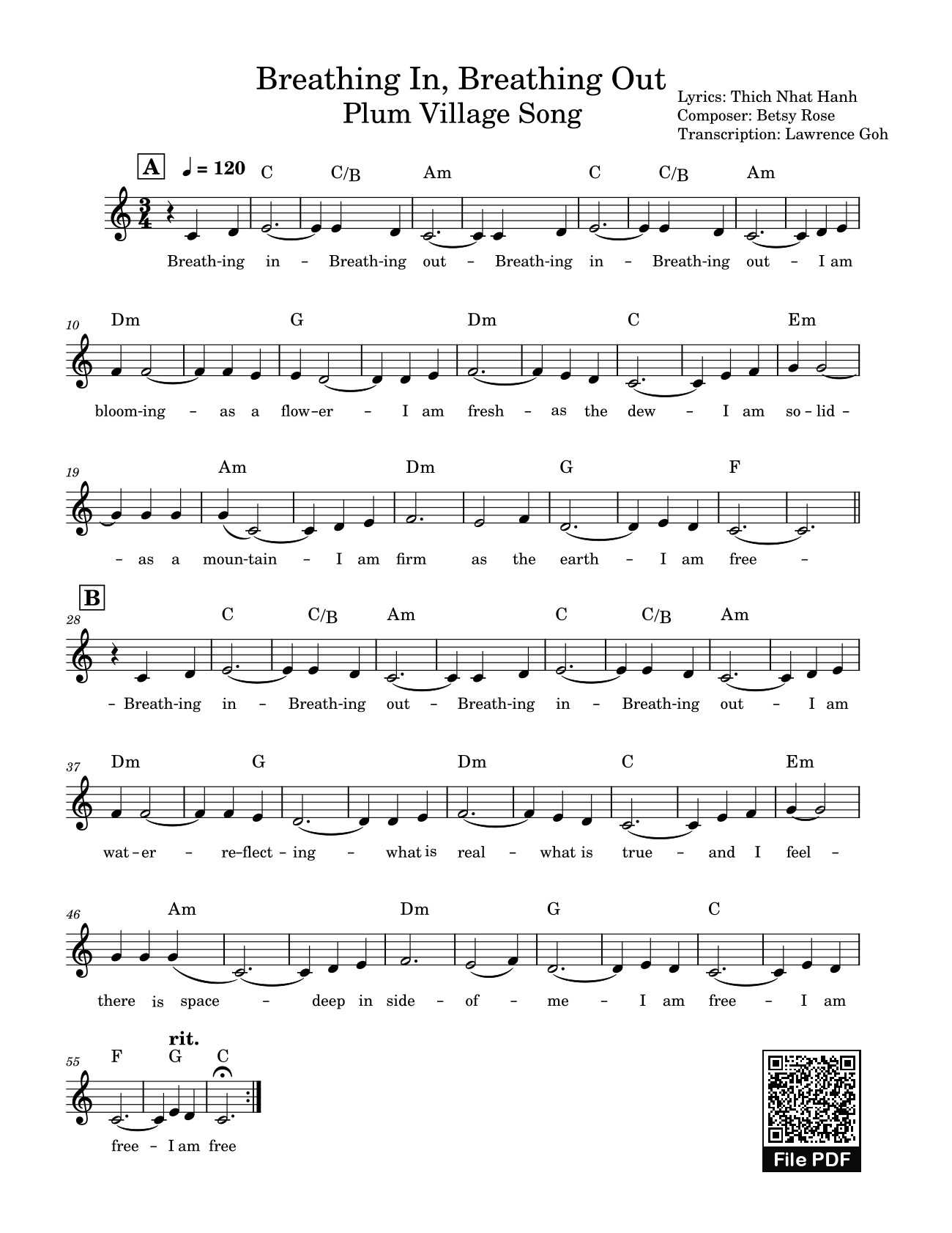 Sheet PDF of Breathing In, Breathing Out Plum Village Song Sheet Piano