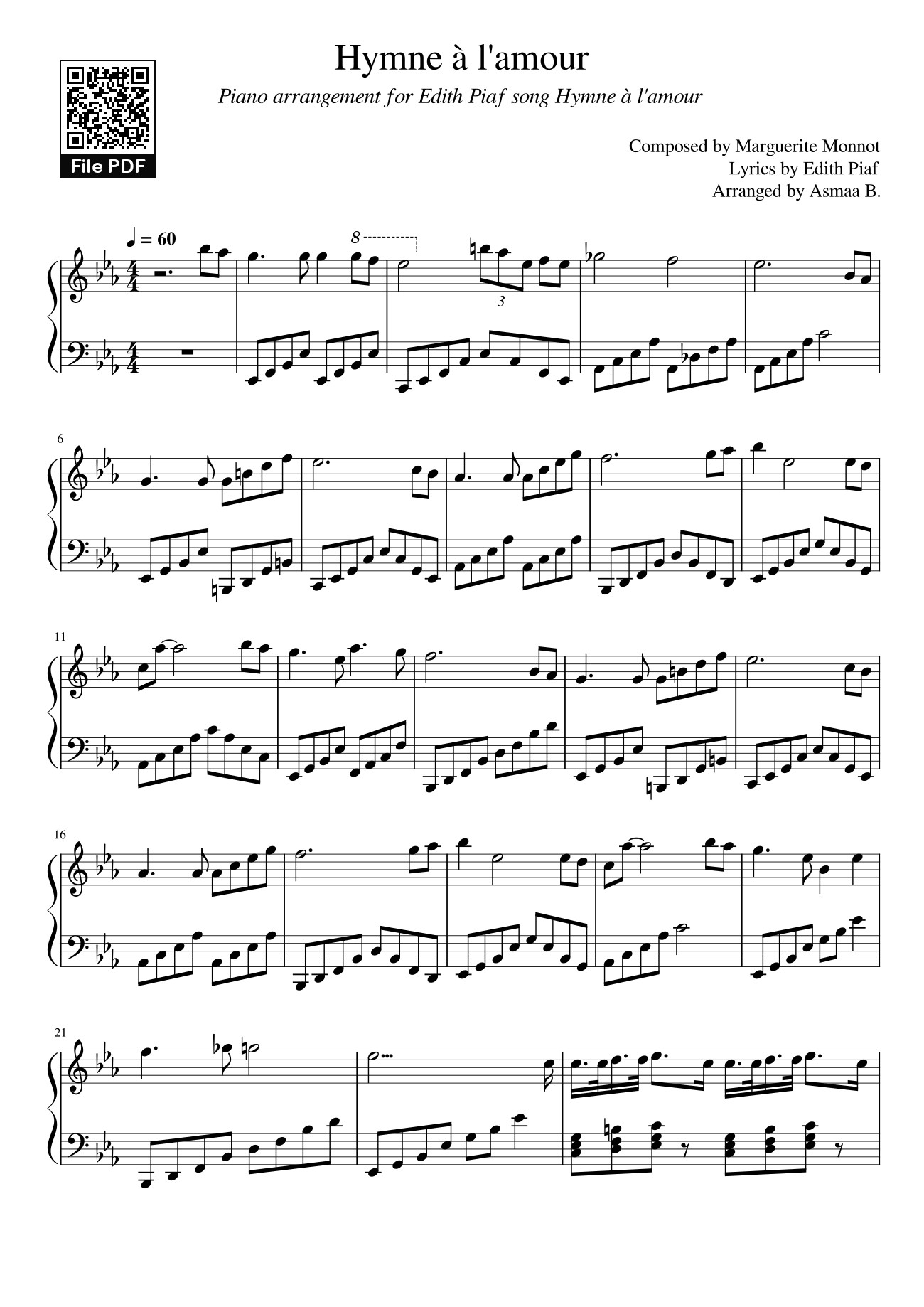 Sheet PDF of Hymne à l'amour Sheet Piano
