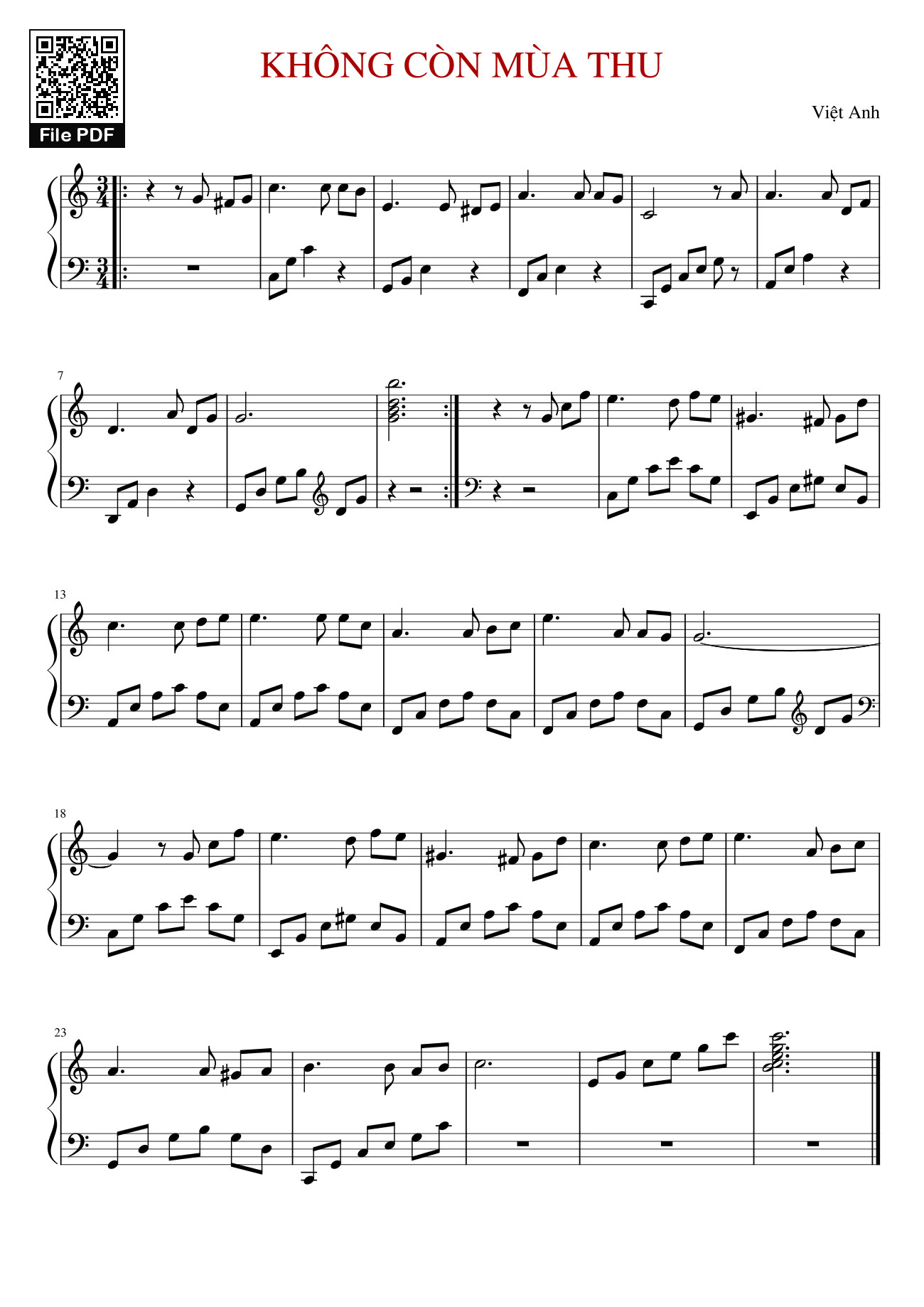 Sheet PDF of KHÔNG CÒN MÙA THU Sheet Piano
