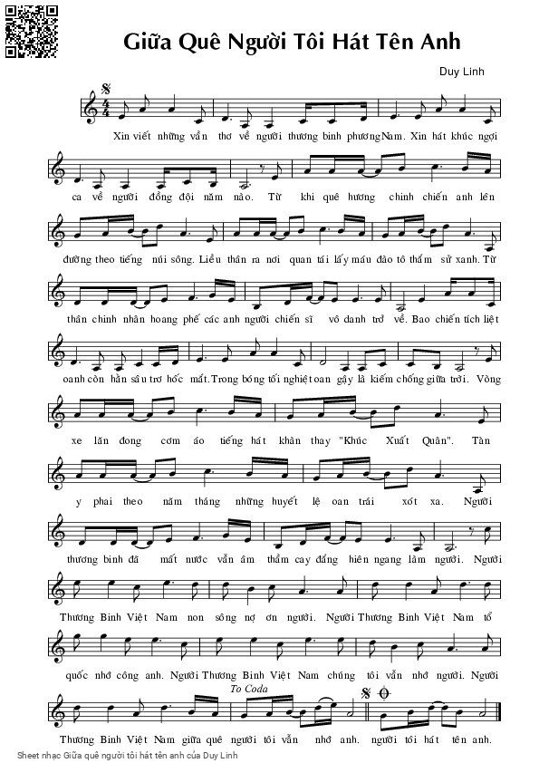 Sheet PDF of Giữa quê người tôi hát tên anh