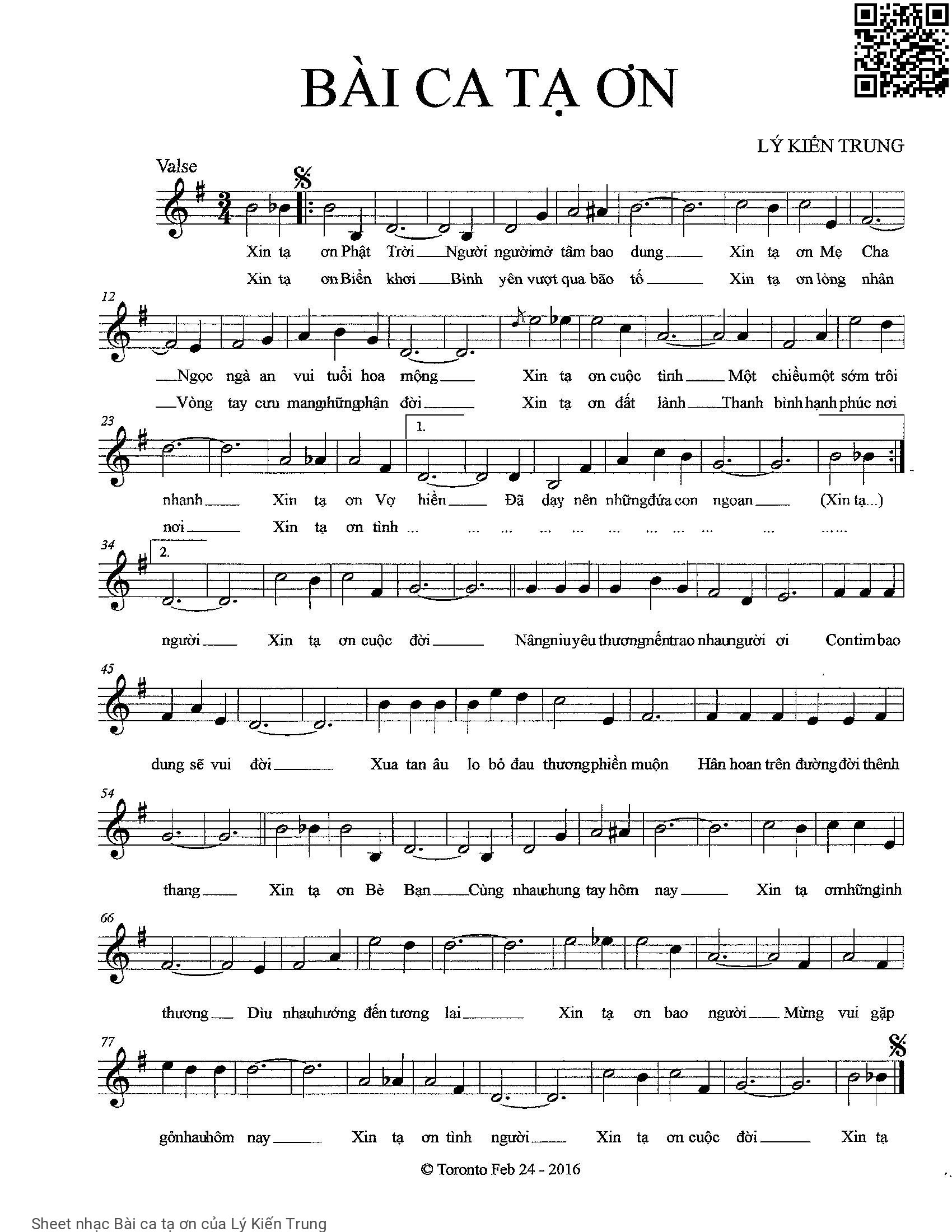 Page 1 of Sheet music PDF Bài ca tạ ơn - Lý Kiến Trung