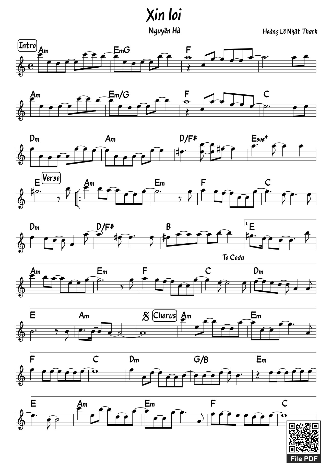 Page 1 of Sheet music PDF Xin lỗi - Hoàng Lê Nhât Thanh