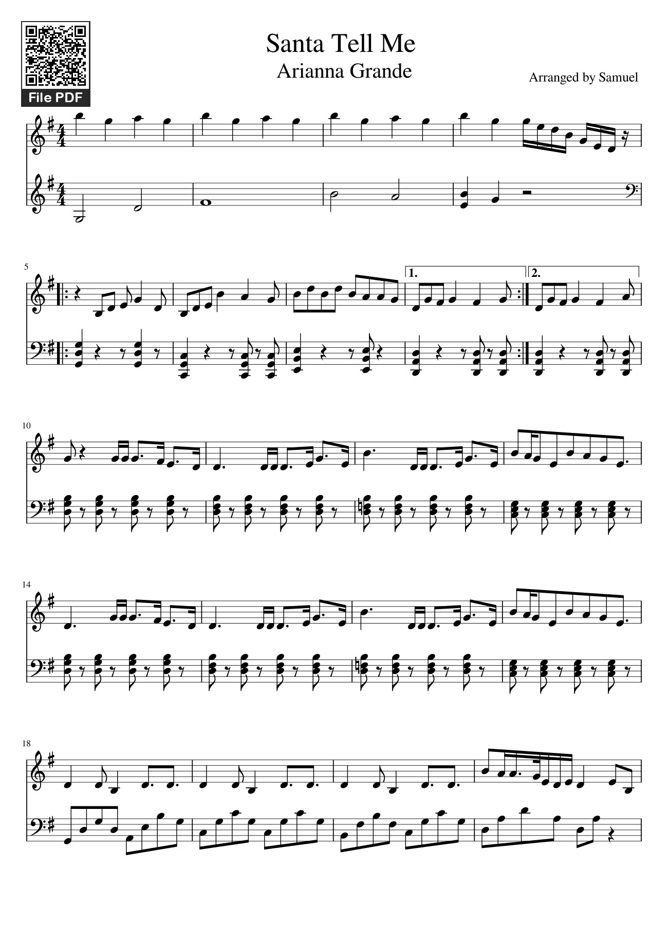 Sheet PDF of Santa Tell Me Arianna Grande Sheet Piano