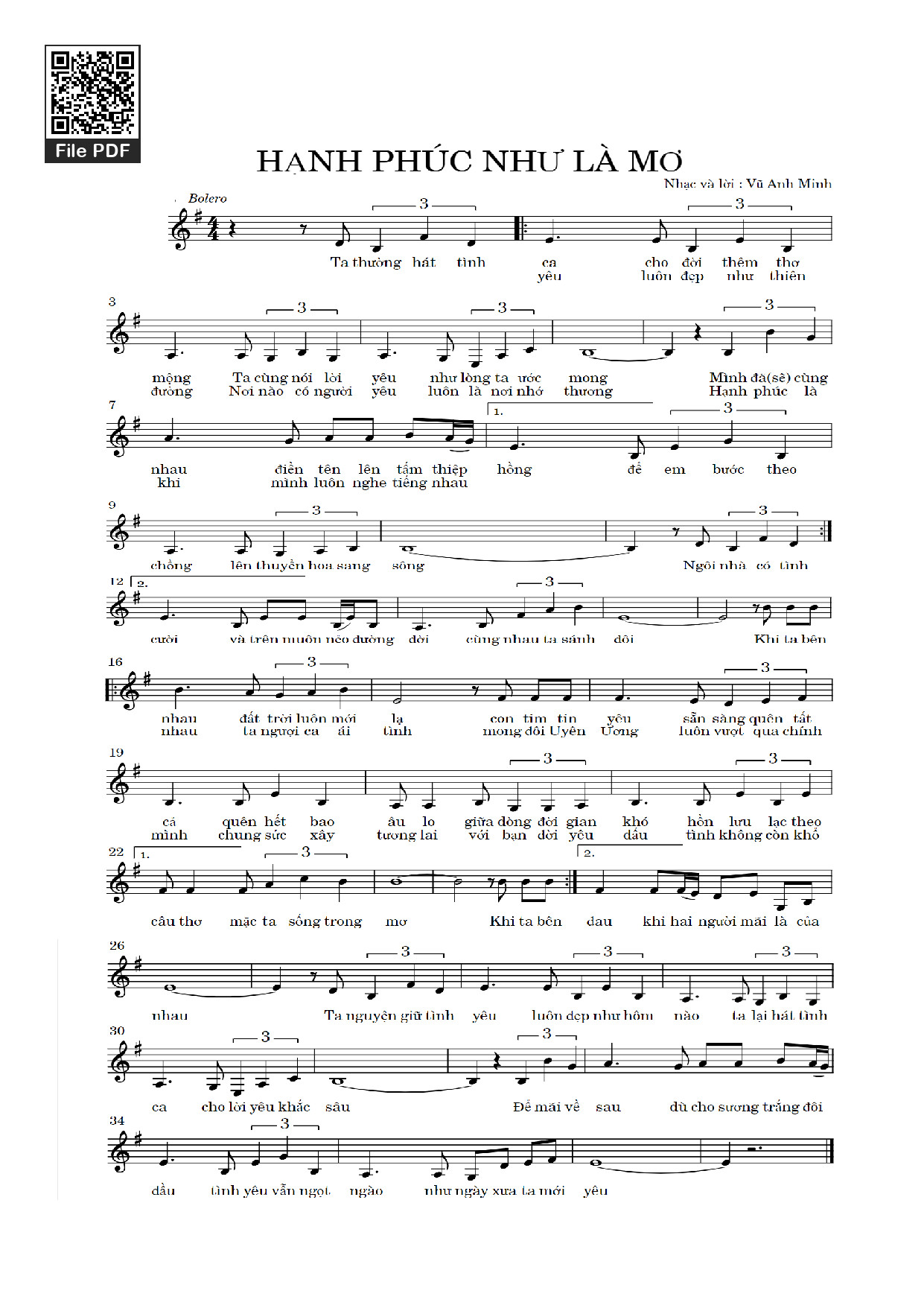 Page 1 of Sheet music PDF Hạnh phúc như là mơ - Vũ Anh Minh