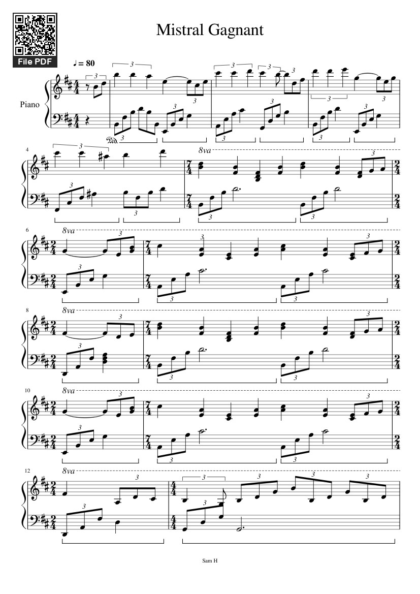 Page 1 of Sheet music PDF Mistral Gagnant Sheet Piano - Sam027