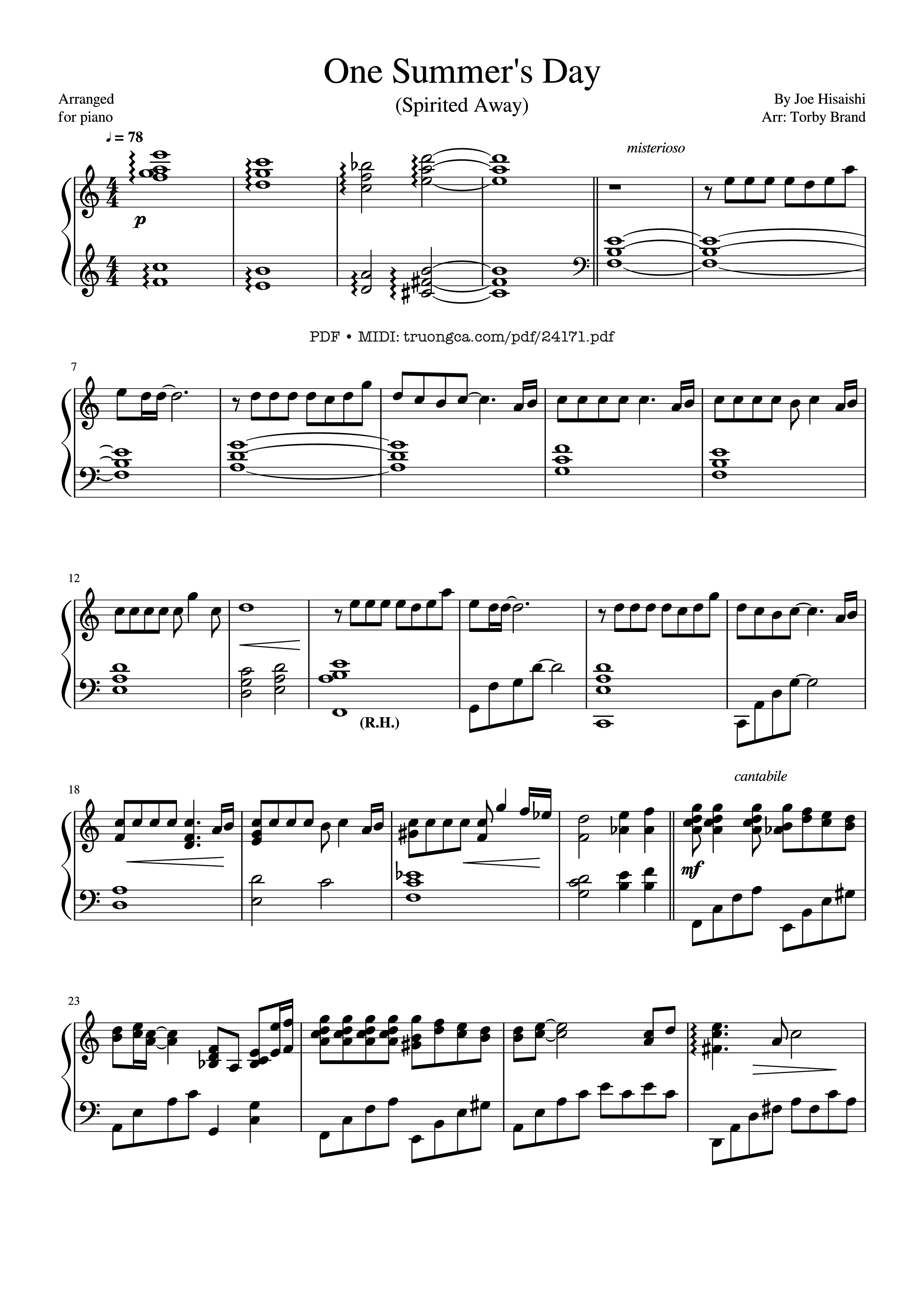 Sheet PDF of 久石譲 あの夏へ One Summer's Day (Spirited away) Sheet Piano