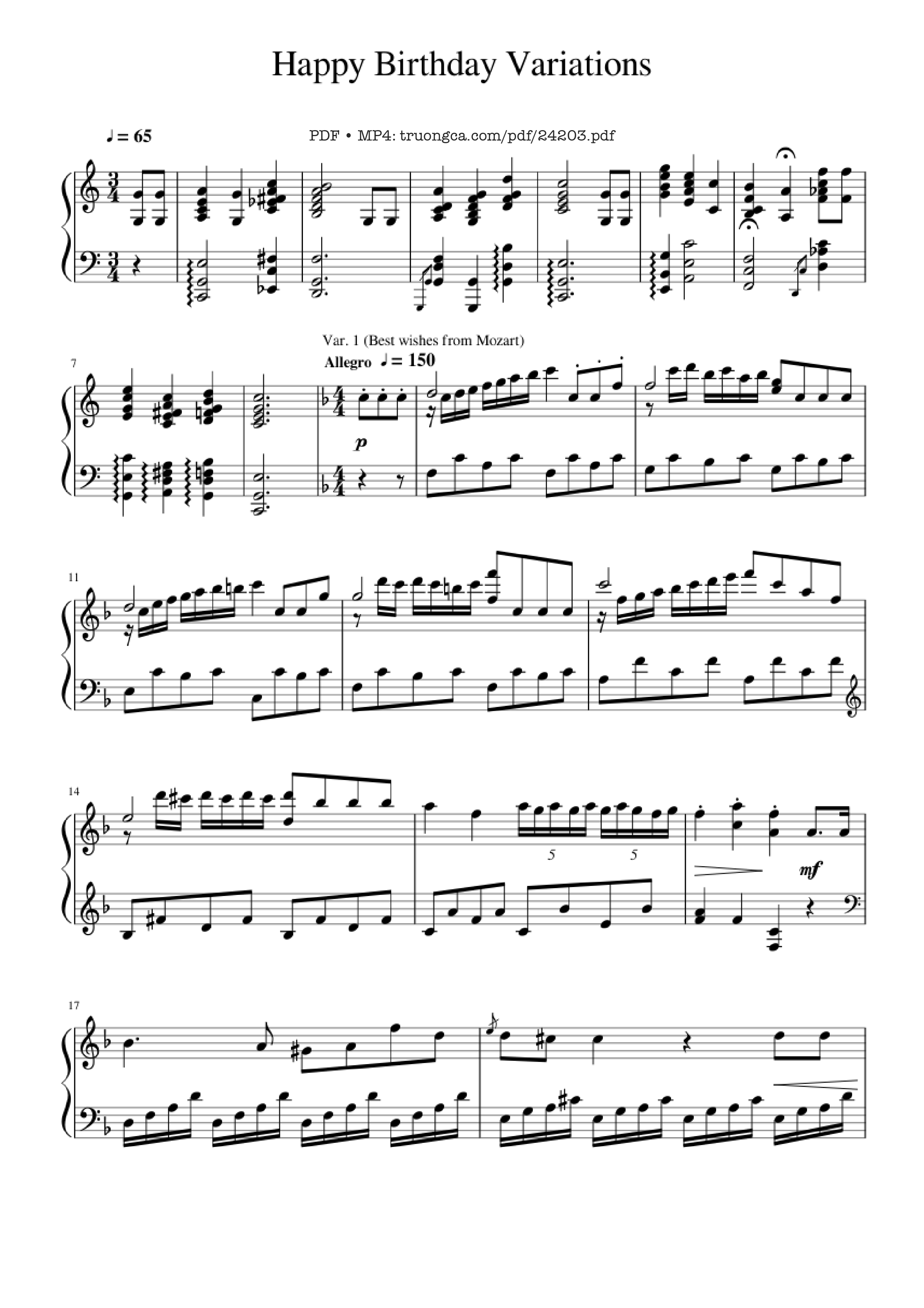 Sheet PDF of Happy Birthday Variations Sheet Piano