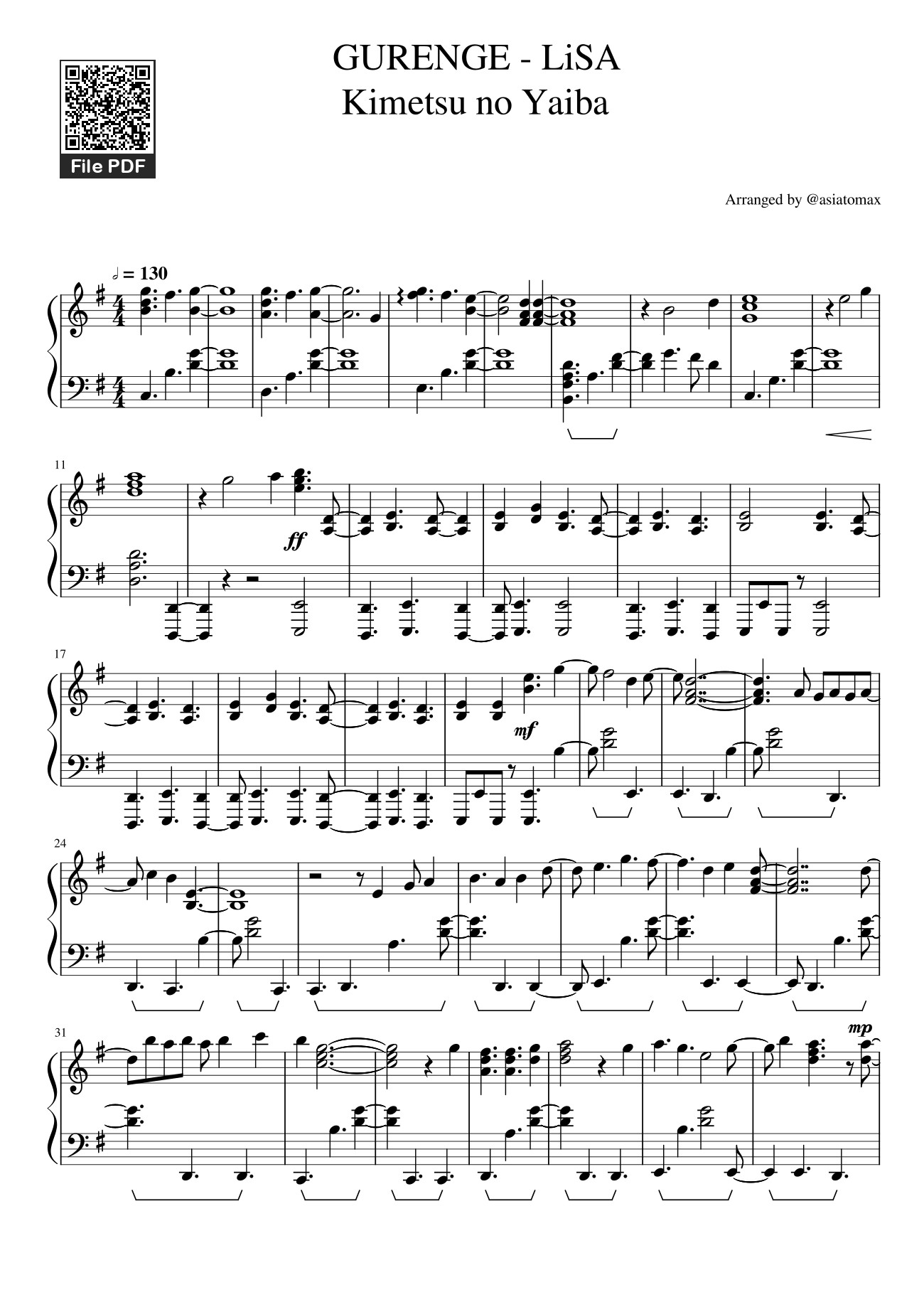 Sheet PDF of Gurenge - LiSA (Kimetsu no Yaiba/Demon Slayer Opening) Sheet Piano
