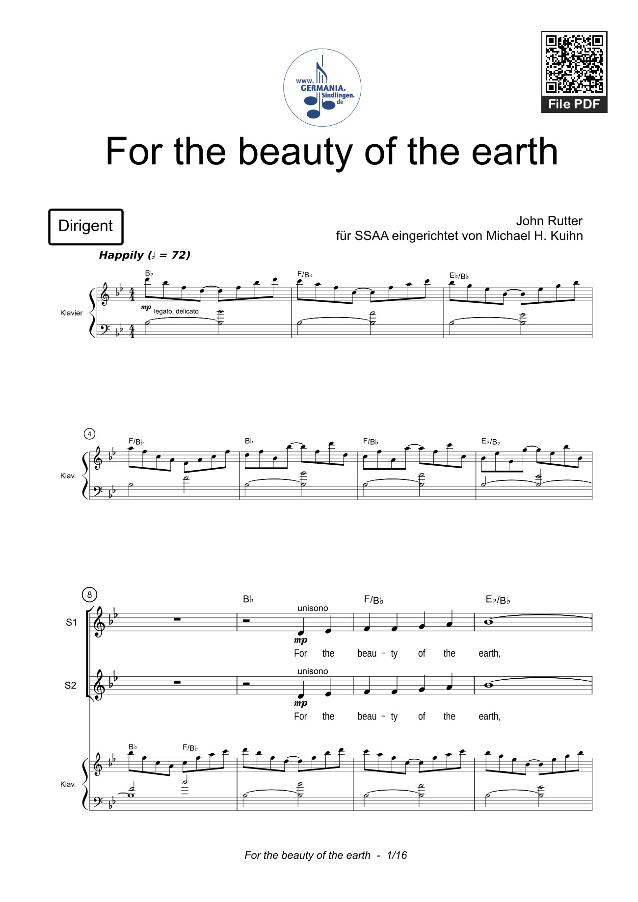 Sheet PDF of For the beauty of the earth Sheet Piano