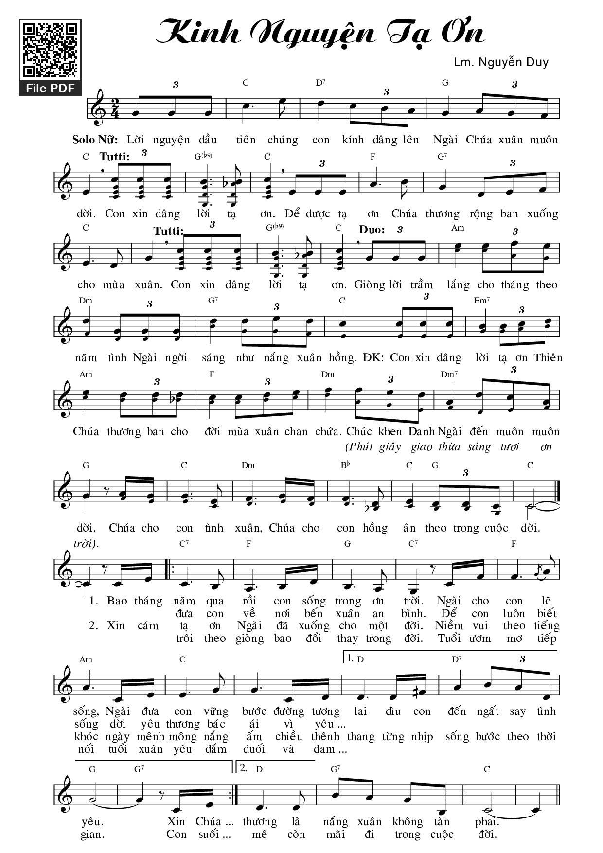Page 1 of Sheet music PDF Kinh nguyện tạ ơn - Nguyễn Duy