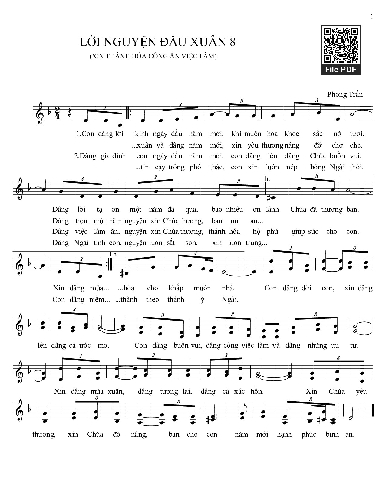 Page 1 of Sheet music PDF Lời nguyện đầu xuân. 8 - Phong Trần