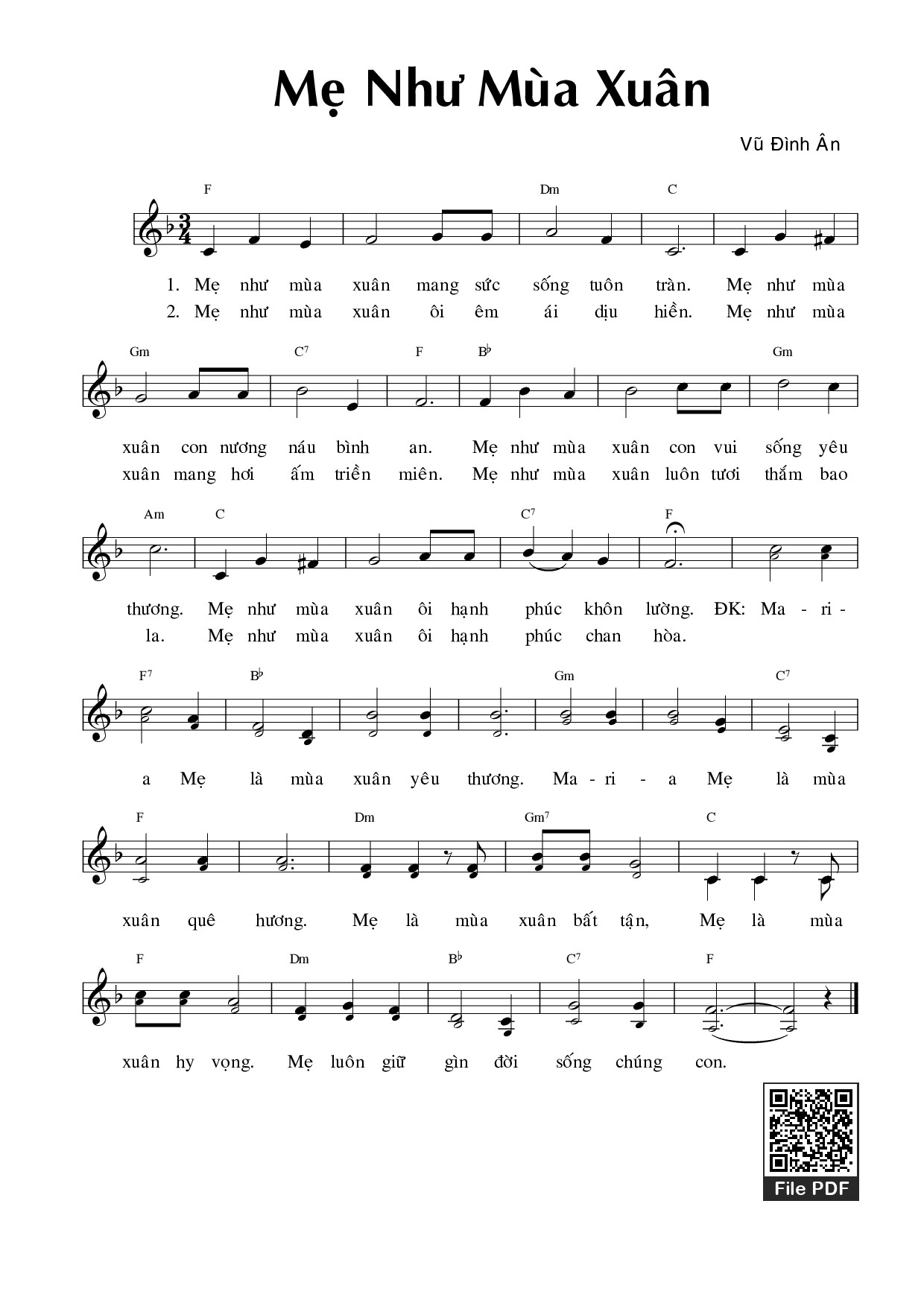 Page 1 of Sheet music PDF Mẹ như mùa xuân - Vũ Đình Ân