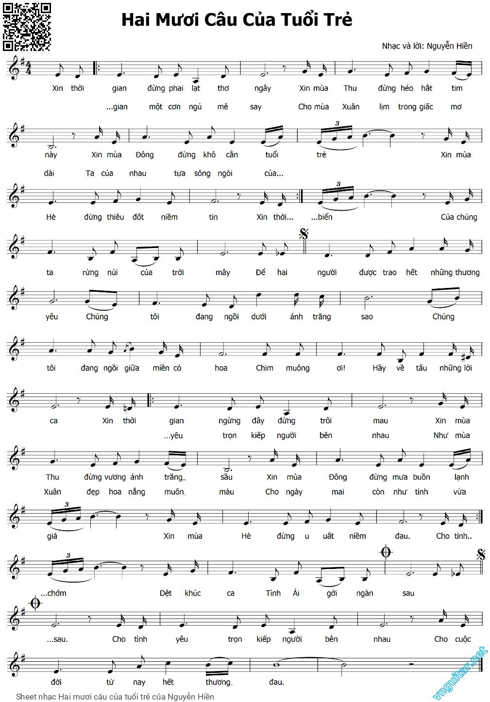 Sheet PDF of Hai mươi câu của tuổi trẻ