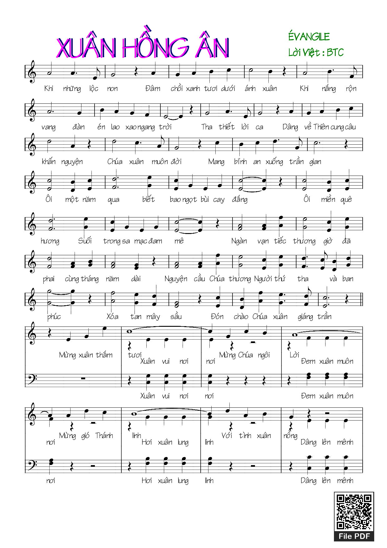 Page 1 of Sheet music PDF Xuân hồng ân - Lời Việt: BTC