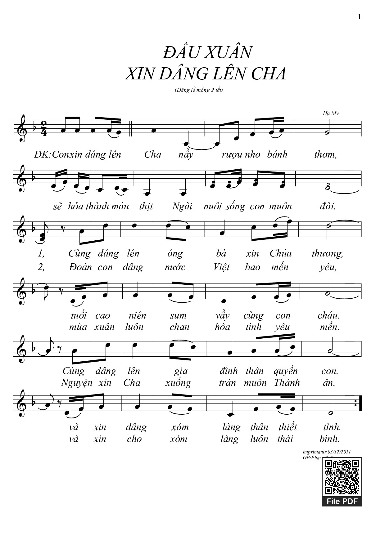 Sheet PDF of Đầu Xuân Xin Dâng Lên Cha