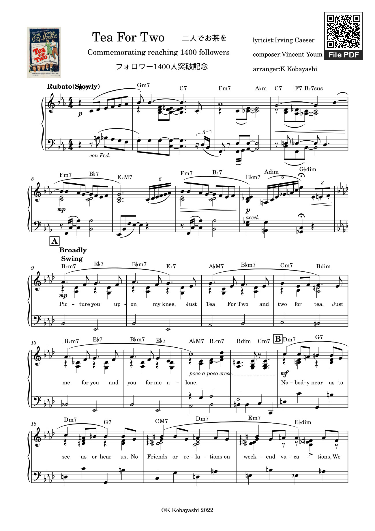 Sheet PDF of Tea For Two Sheet Piano