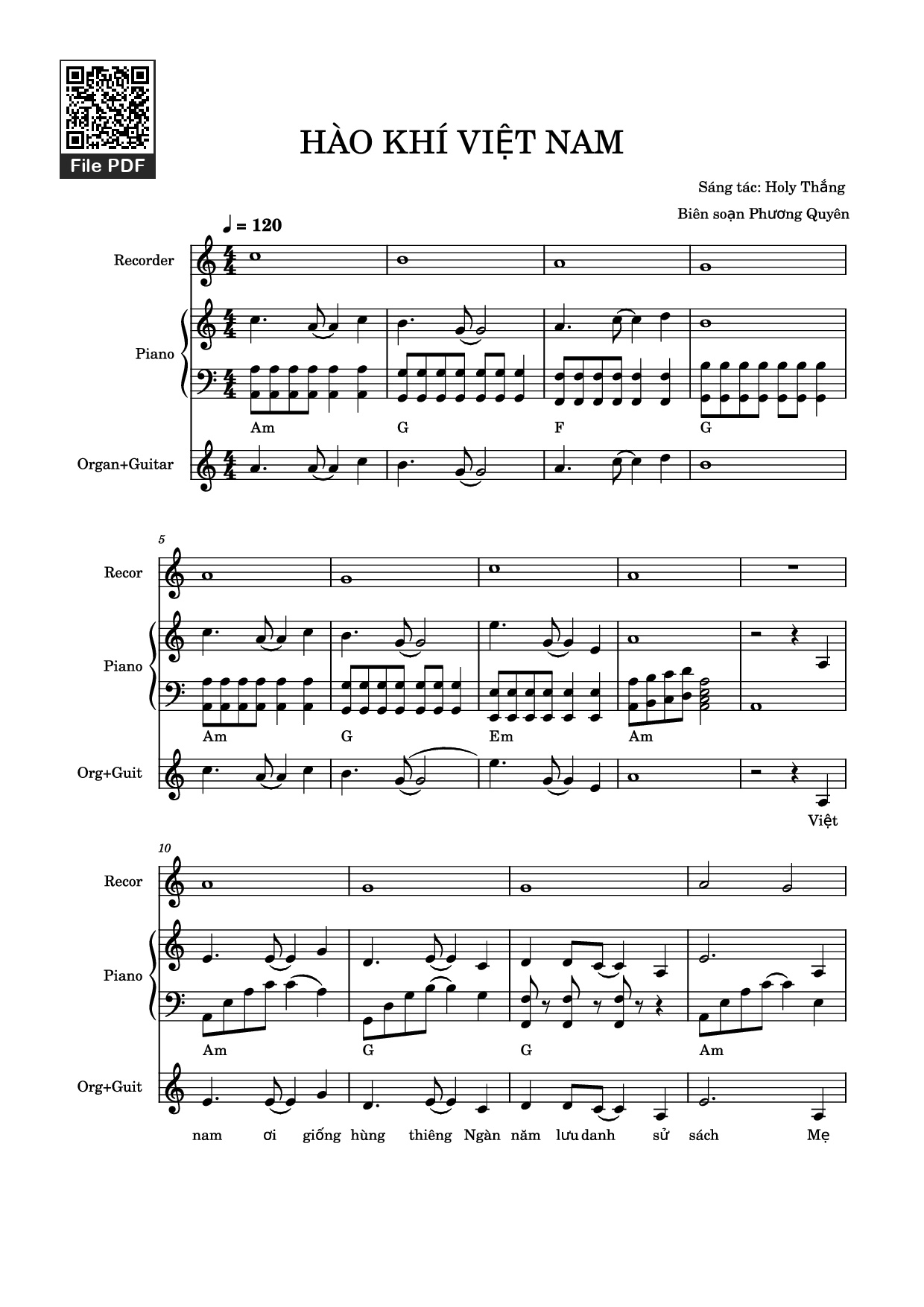 Page 1 of Sheet music PDF Piano HÀO KHÍ VIỆT NAM Piano, Recorder, Synthesizer - Sáng tác: Holy Thắng