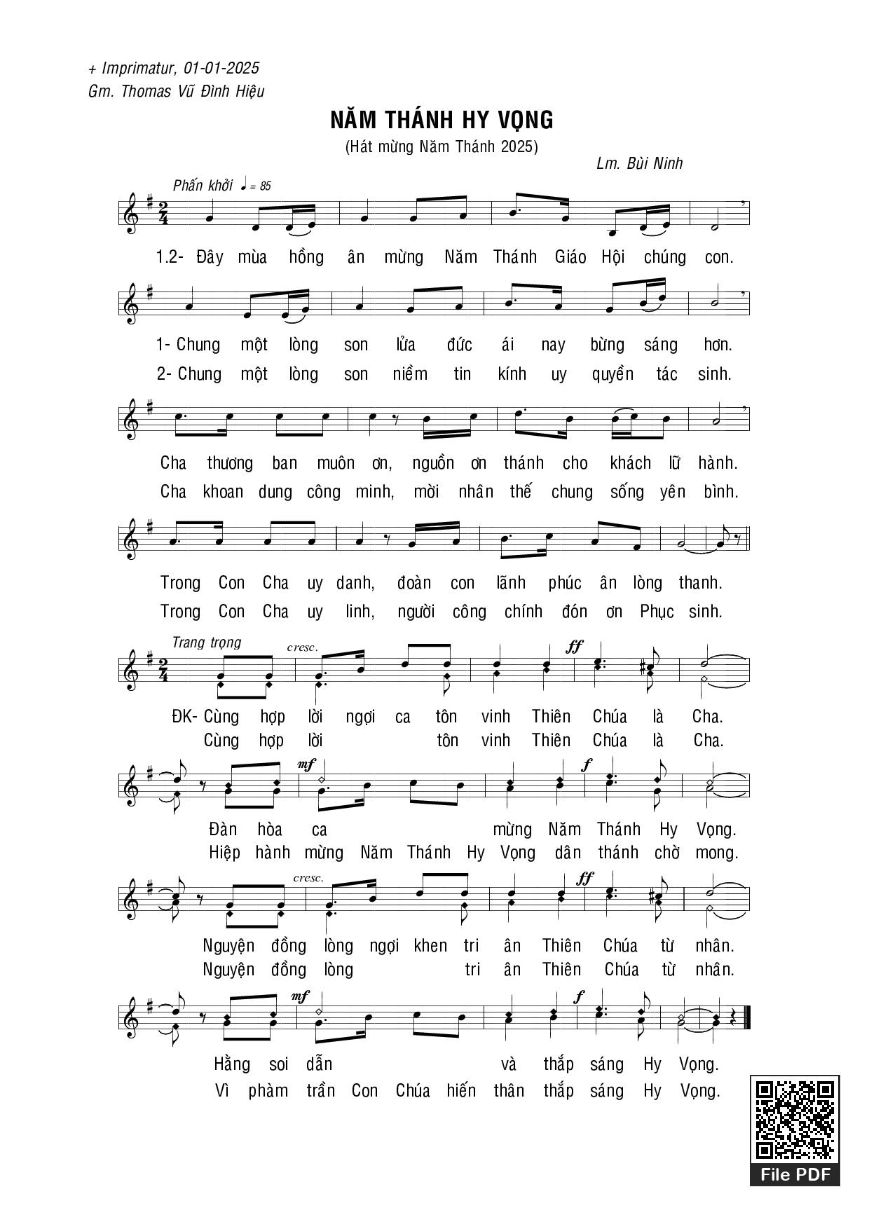 Sheet PDF of Năm Thánh Hy Vọng