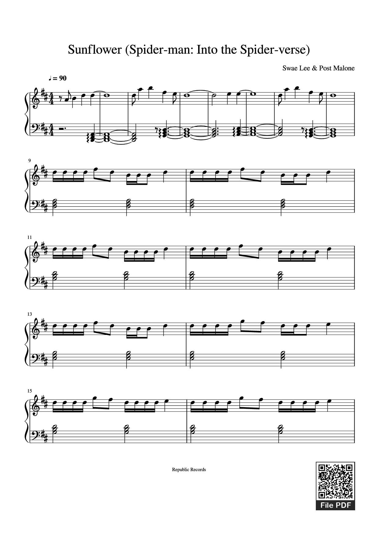 Sheet PDF of Sunflower (Spider-man: Into the Spider-verse) Piano